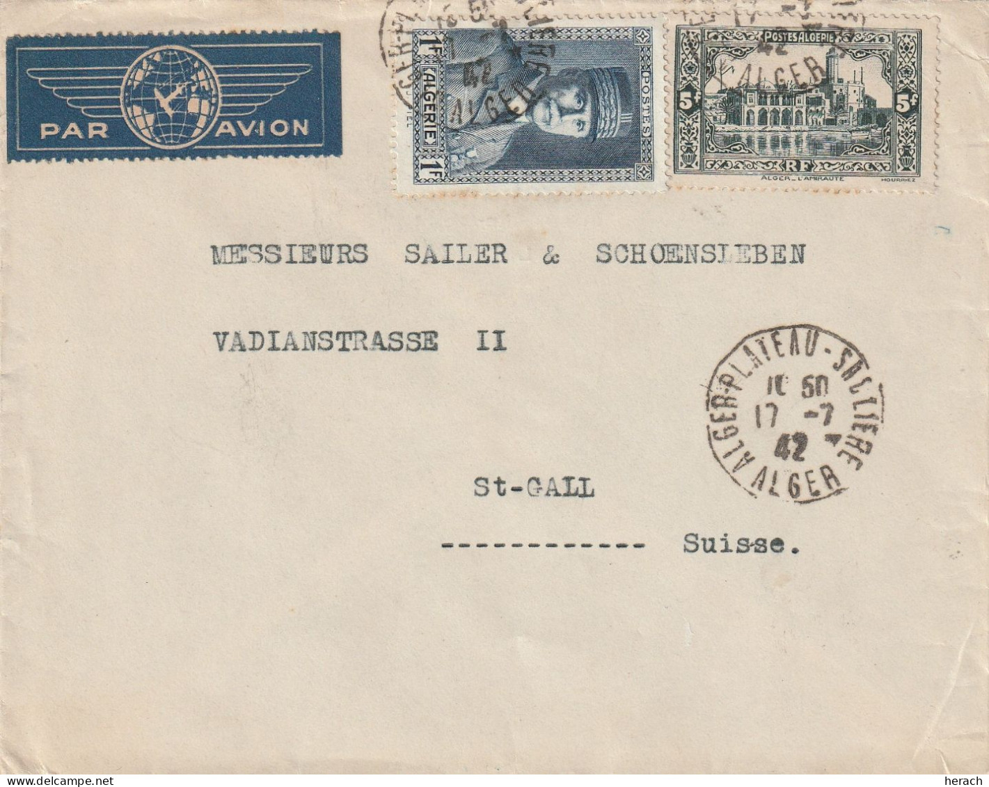 Algérie Lettre Alger Pour La Suisse 1942 - Storia Postale