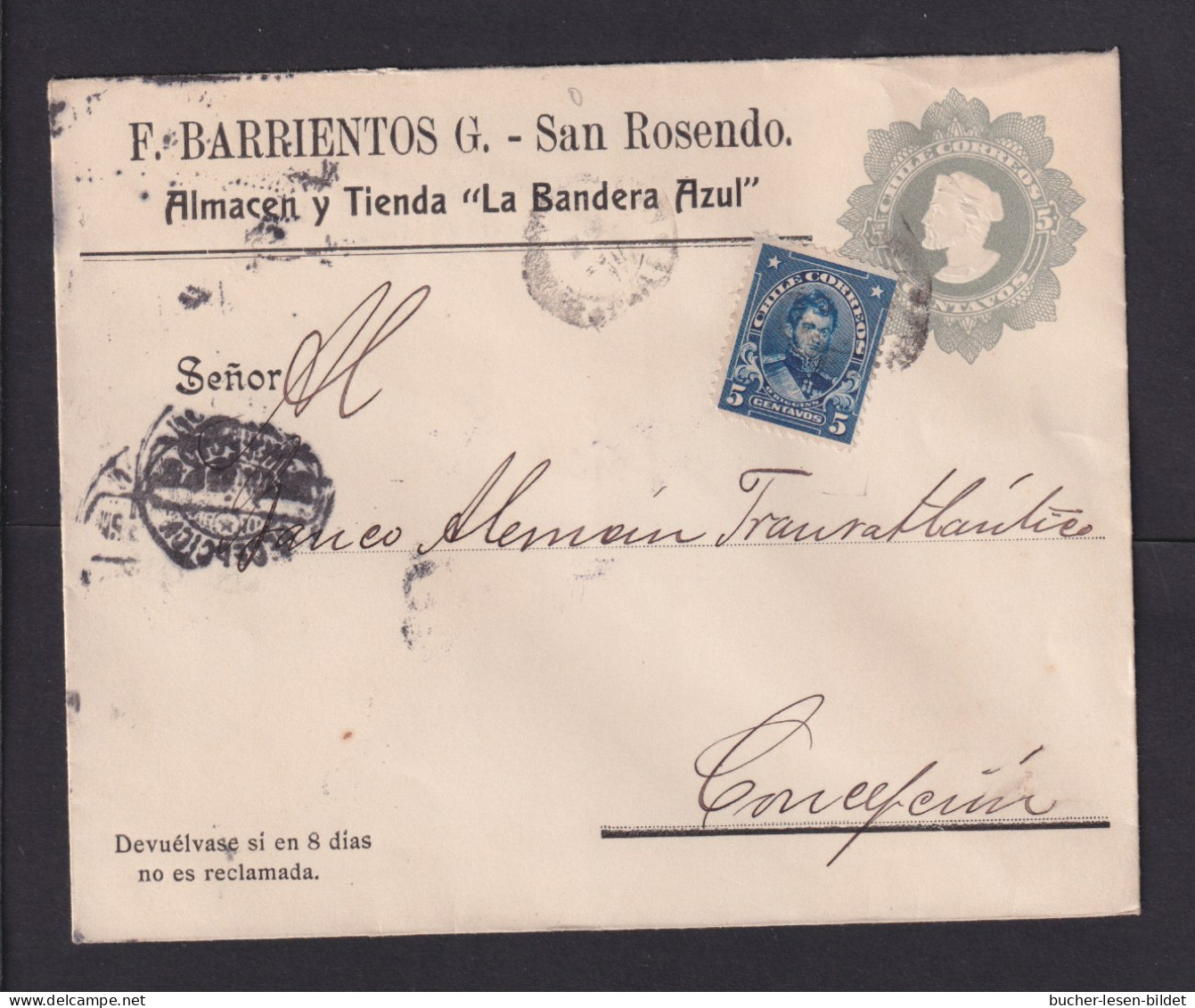 1912 - 5 C. Ganzsache Mit Zudruck Und Zufrankatur Ab San Rosendo Nach Concepcion - Chili
