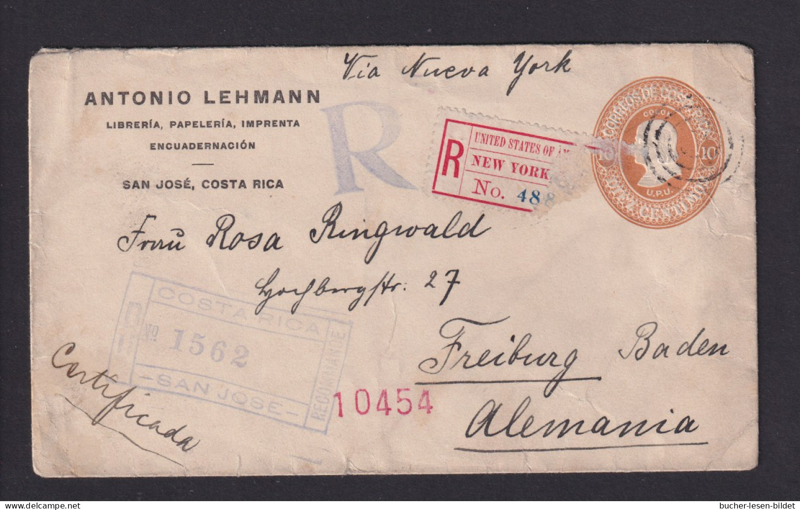 1906 - 10 C. Ganzsache Mit Zufrankatur Als Einschreiben Ab San Jose Nach Freiburg - Costa Rica