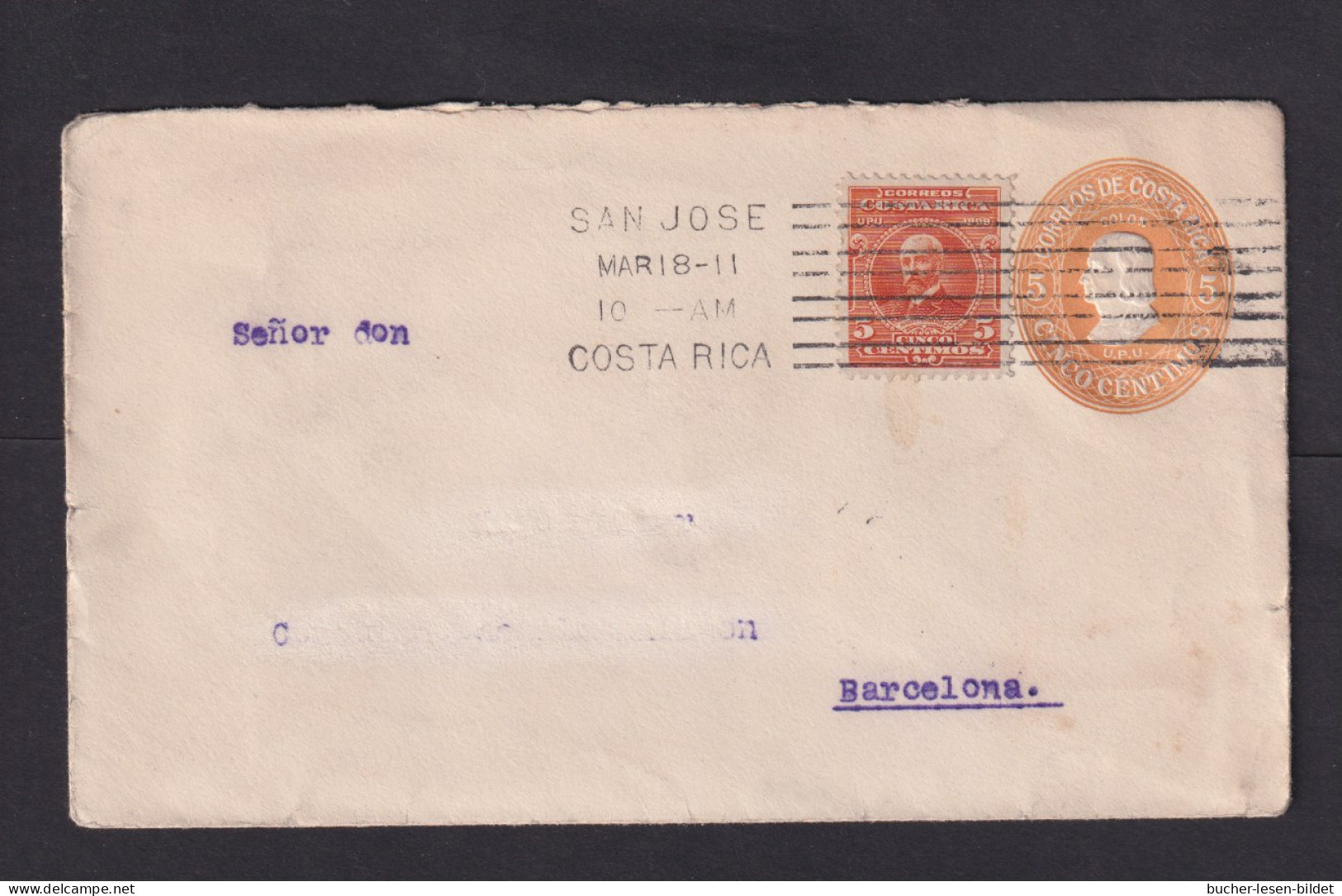 1911 - 5 C. Ganzsache Mit 5 C. Zufrankiert Ab San Jose Nach Barcelona - Costa Rica