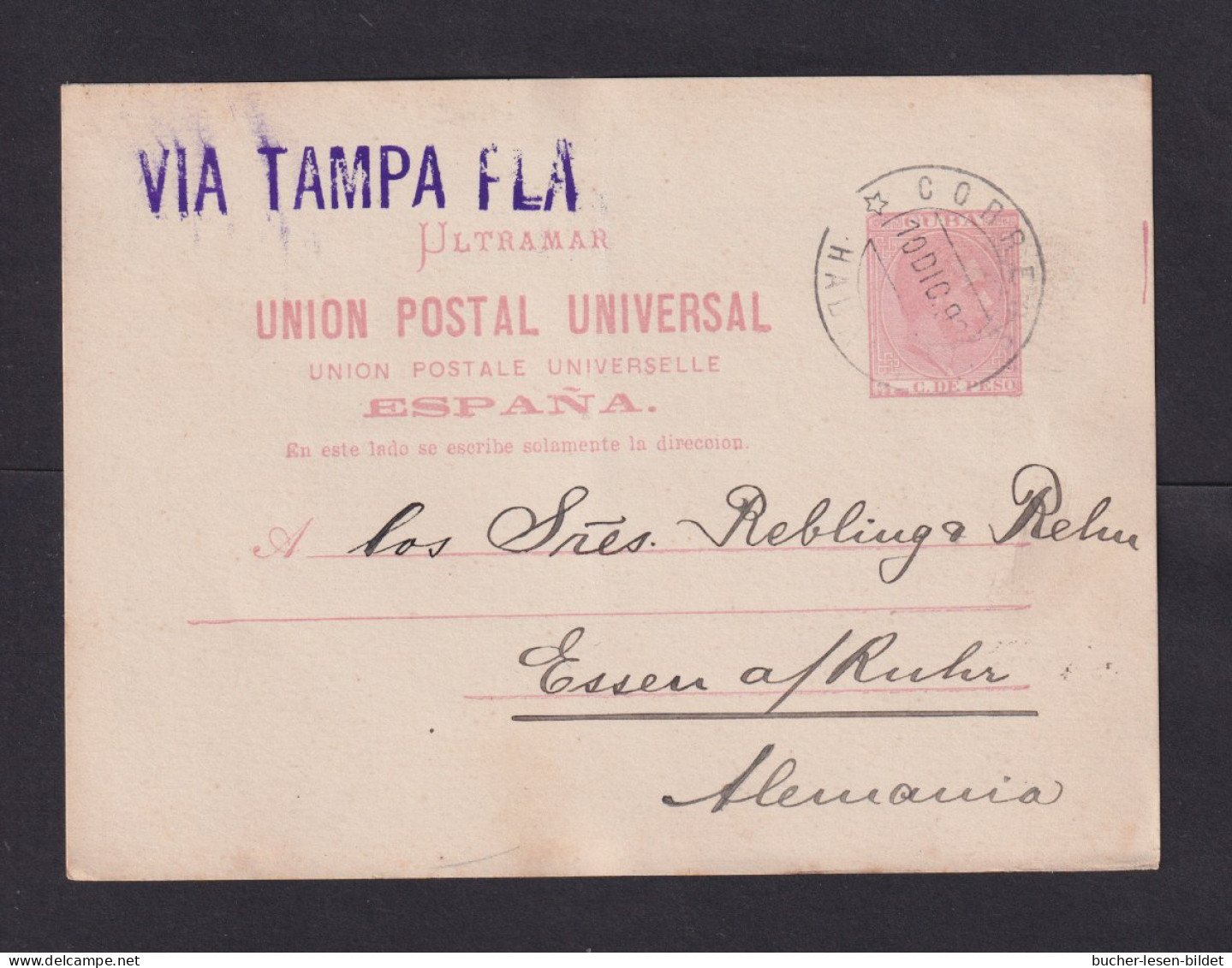 1892 - 3 C. Ganzsache Ab Habana (via Tampa) Nach Essen - Kuba (1874-1898)