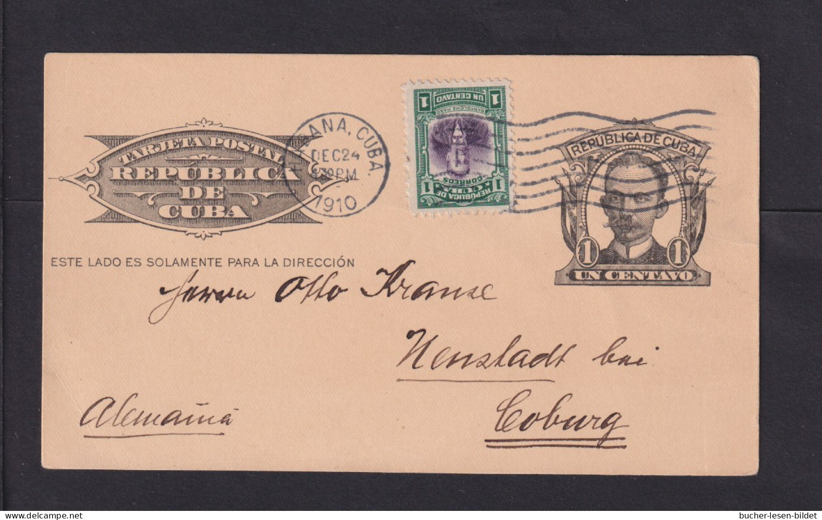 1910 - 1 C. Ganzsache  Mit Zufrankatur Ab Habana Nach Coburg - Lettres & Documents