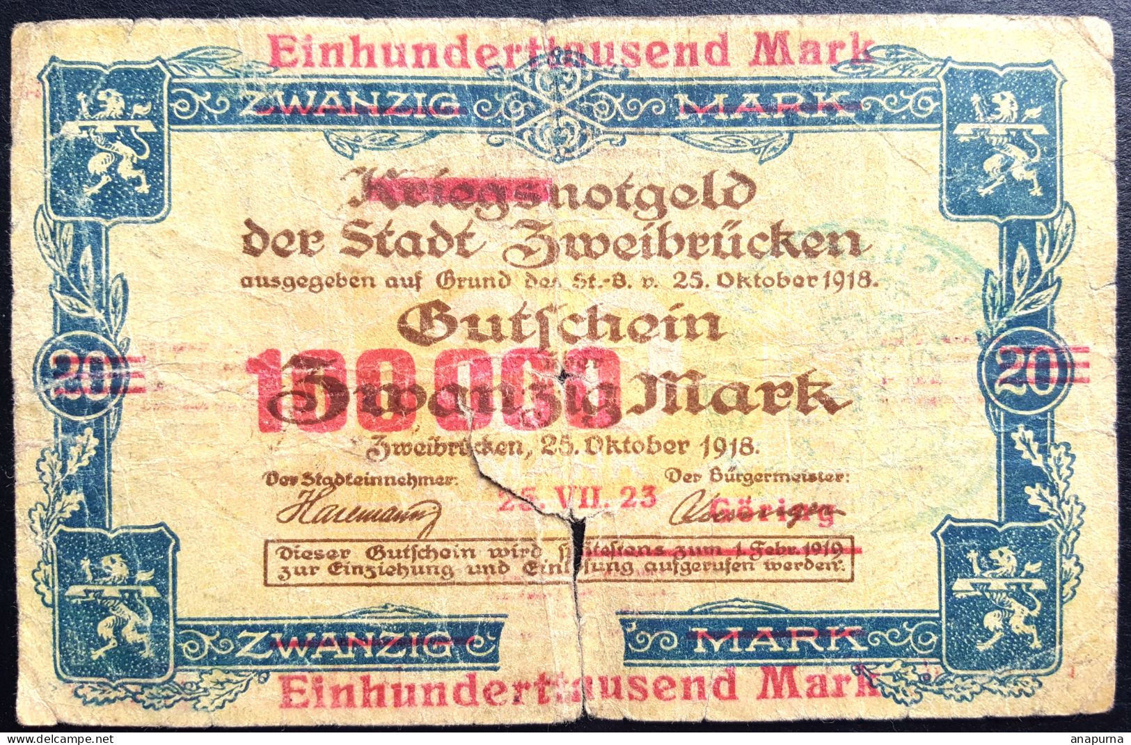 1923 Billet De 100000 Mark En Surimpression Sur 20 Mark De 1918, Zweibrücken, - Ohne Zuordnung