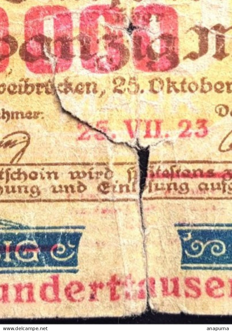 1923 Billet De 100000 Mark En Surimpression Sur 20 Mark De 1918, Zweibrücken, - Sin Clasificación