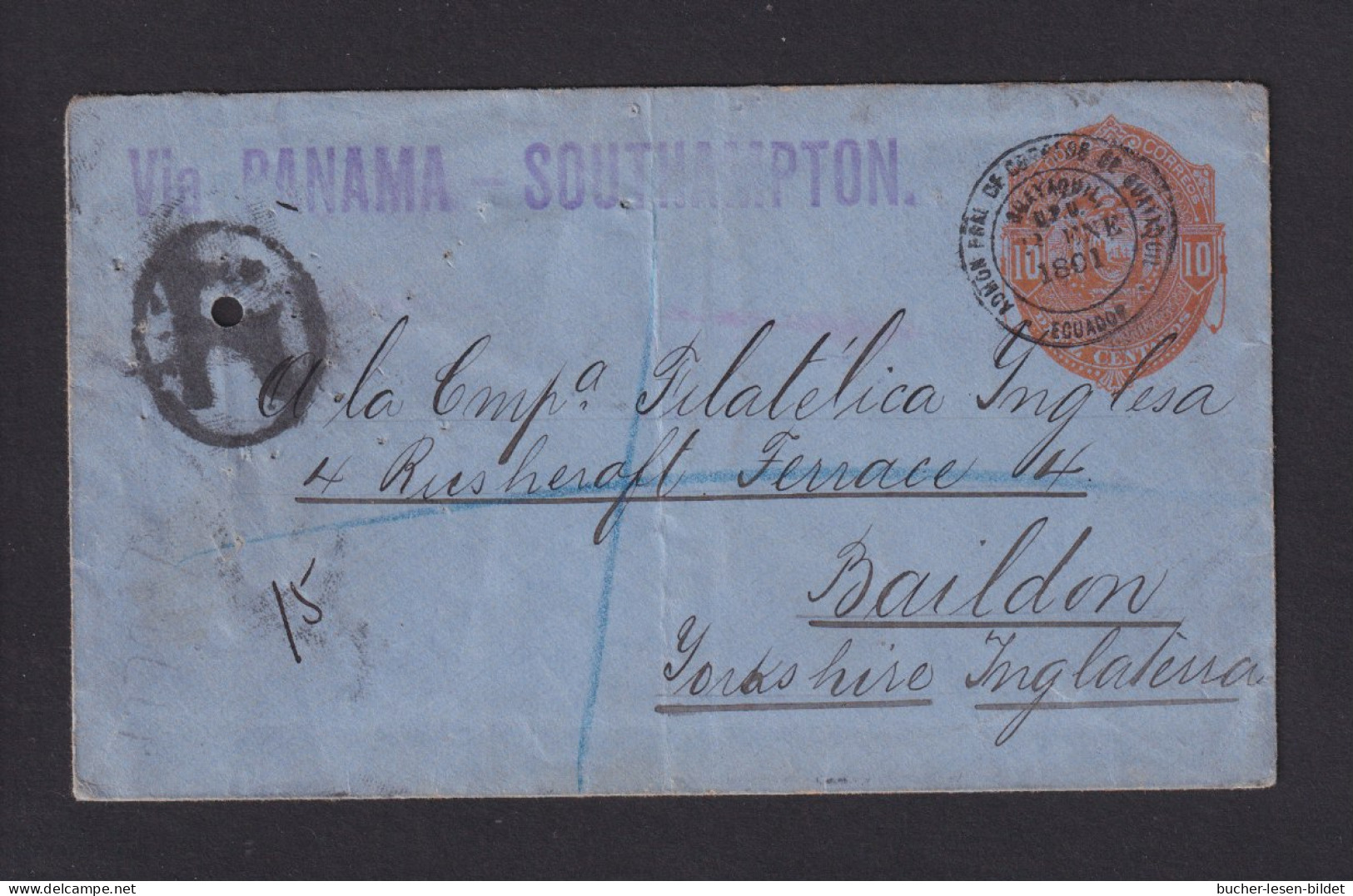 1891 - 10 C. Ganzsache Als Einschreiben Ab Guayaquil Nach England - Loch - Ecuador