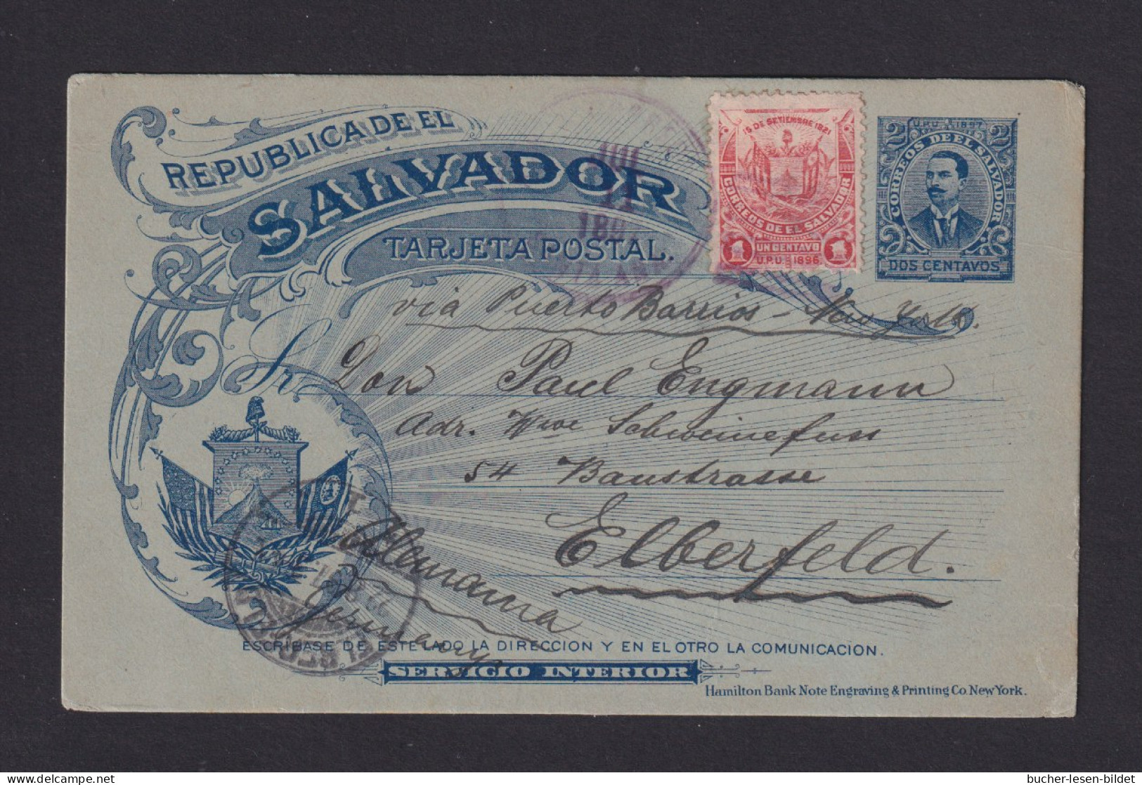 1897 - 2 C. Ganzsache Mit Zufrankatur Ab Santa Ana Nach Elberfeld - Salvador