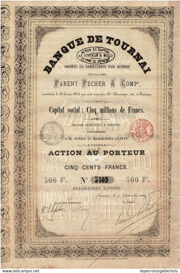 - Titre De 1865 - Banque De Tournai - Société En Commandite Par Actions Sous La Firme Parent-Pecher & Cie - VF - Bank En Verzekering