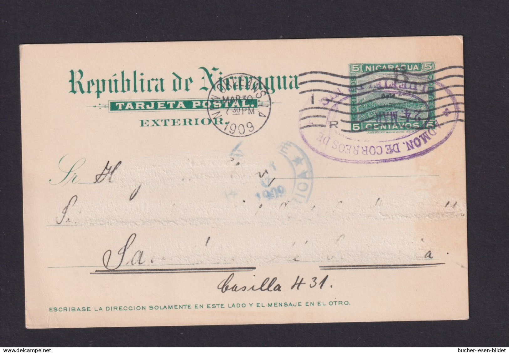 1909 - 5 C. Ganzsache Mit Aufdruck "B" Ab BLUEFIELDS Nach Costa Rica - Nicaragua