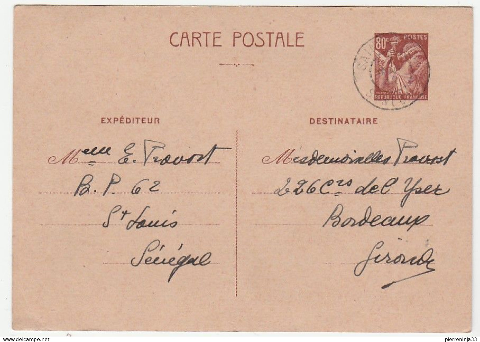 Carte Entier Postal Type Iris  Saint Louis Sénégal Pour Bordeaux, 1942 - Standaardpostkaarten En TSC (Voor 1995)