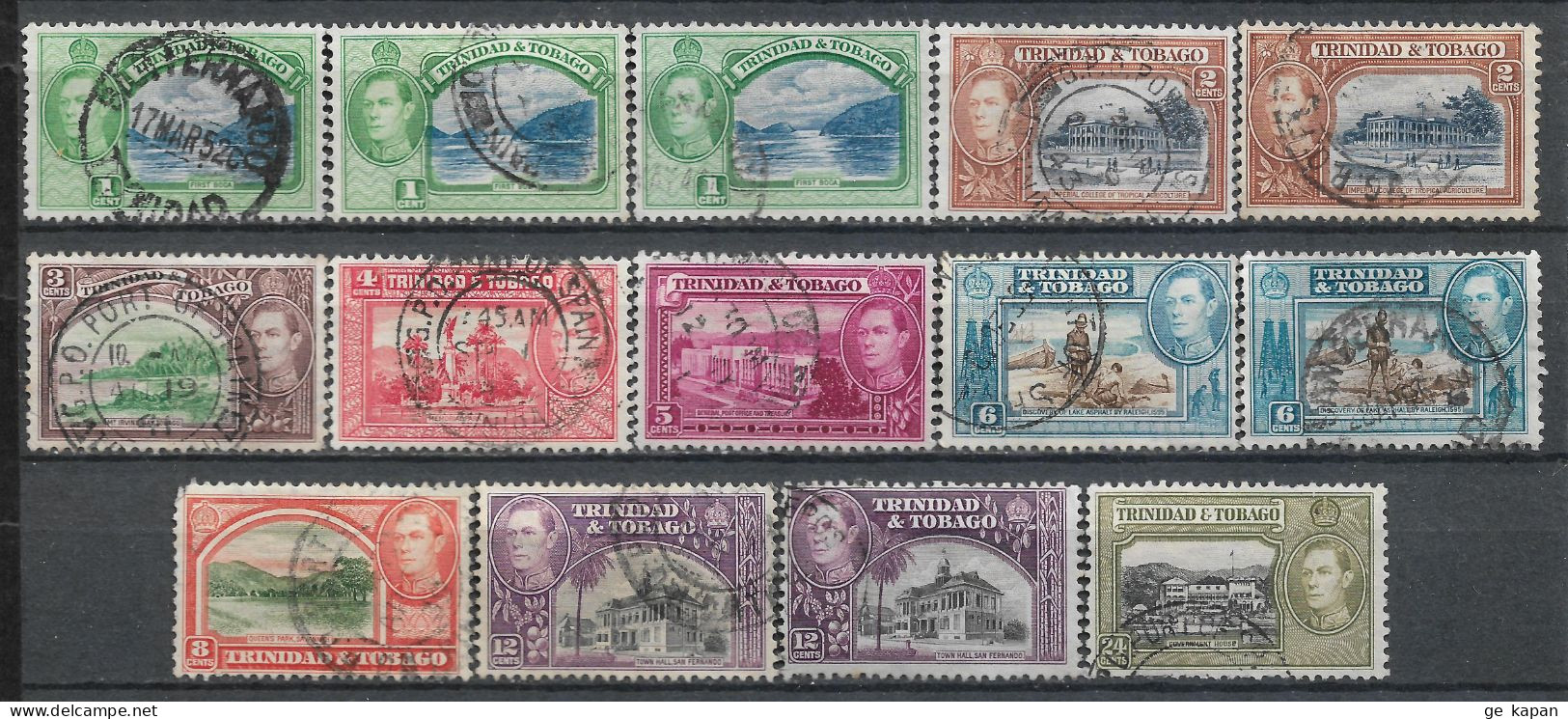 1938-1944 TRINIDAD & TOBAGO SET OF 14 USED STAMPS (Michel # 131,132,134,136-139,140a,140b,141) CV €5.90 - Trinidad & Tobago (...-1961)
