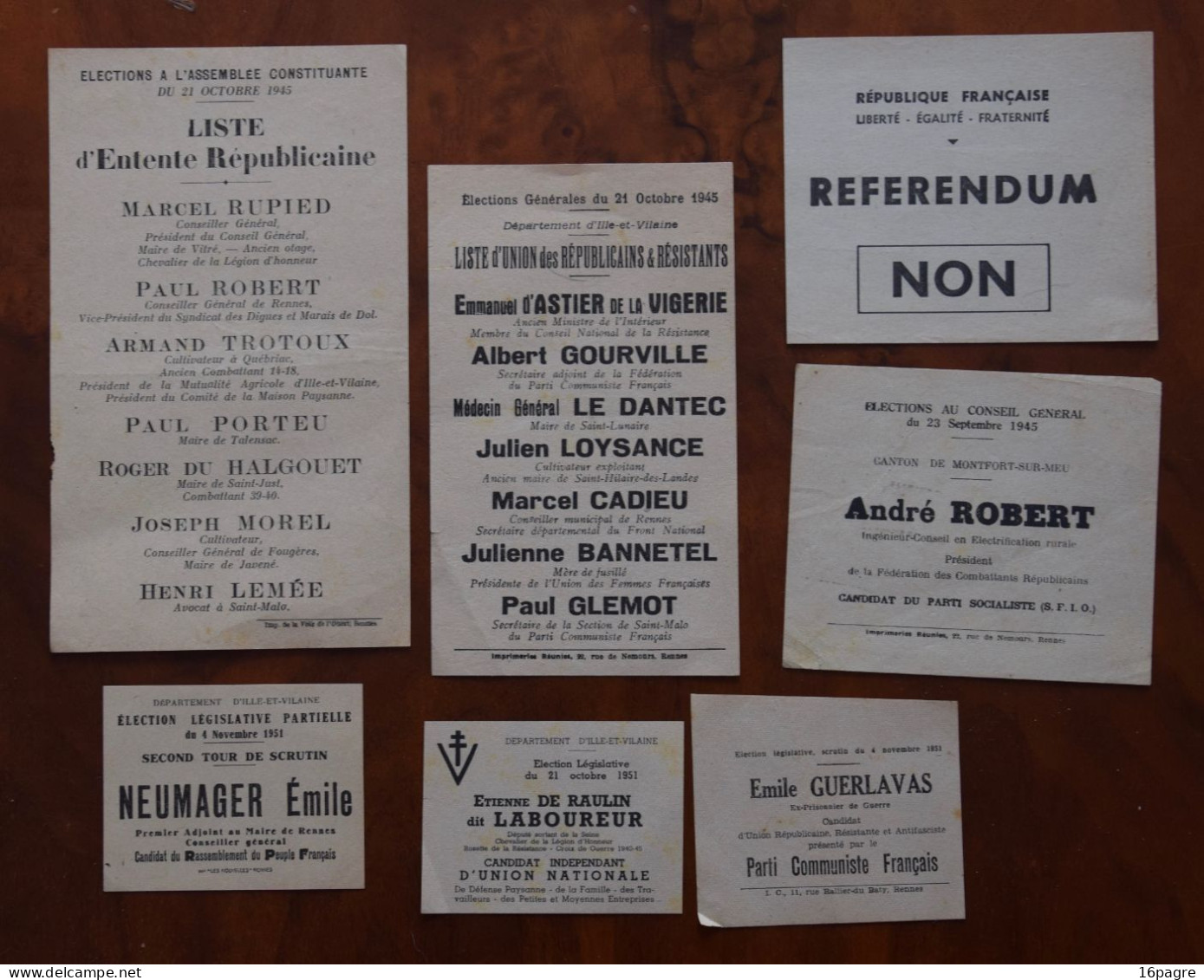 LOT 29 BULLETINS VOTE ET 9 PROMESSES CAMPAGNE, ÉLECTIONS 1945 Á 1986. RENNES, MONTFORT SUR MEU, ILLE-ET-VILAINE - Historische Documenten