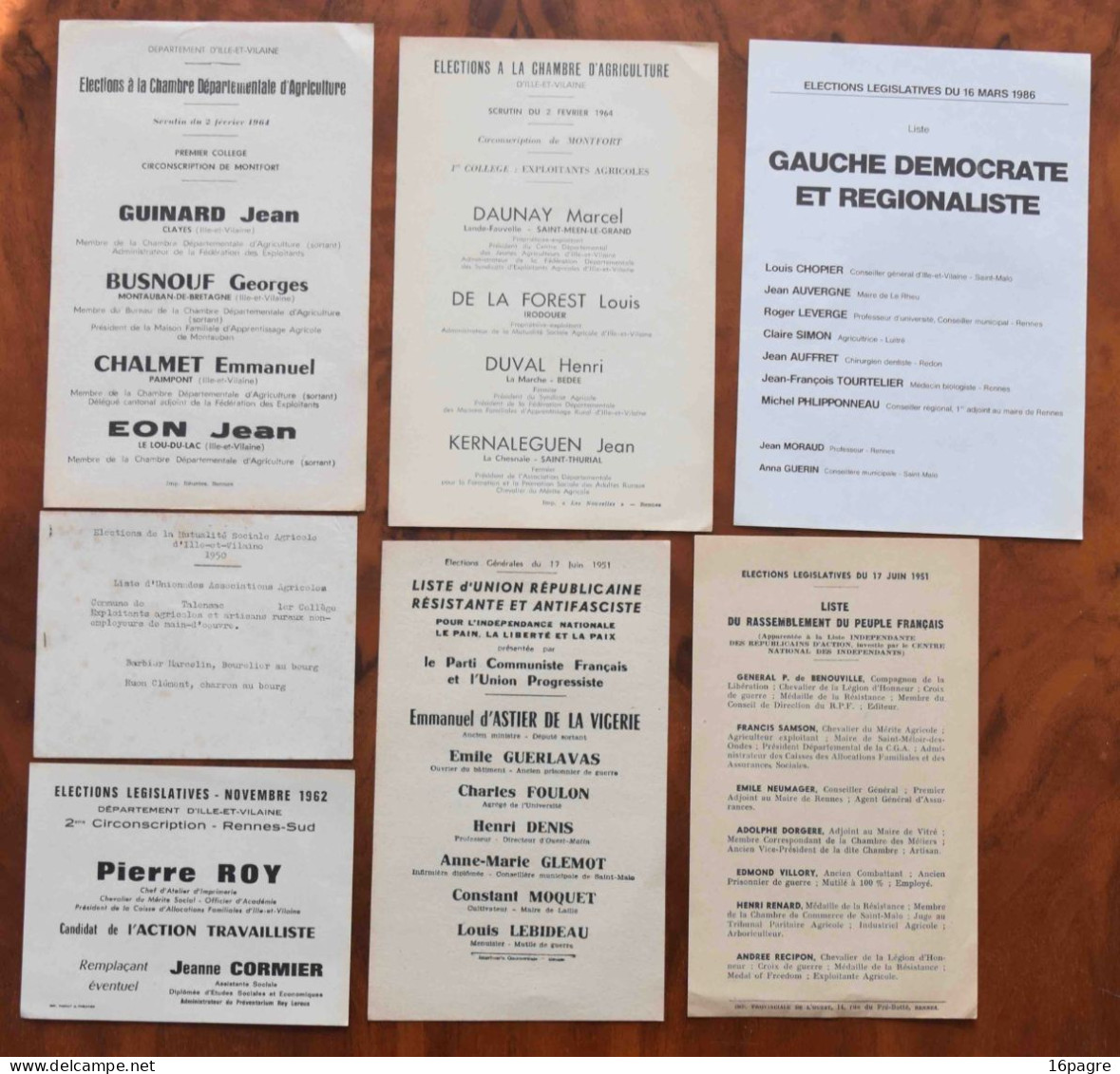 LOT 29 BULLETINS VOTE ET 9 PROMESSES CAMPAGNE, ÉLECTIONS 1945 Á 1986. RENNES, MONTFORT SUR MEU, ILLE-ET-VILAINE - Historische Documenten