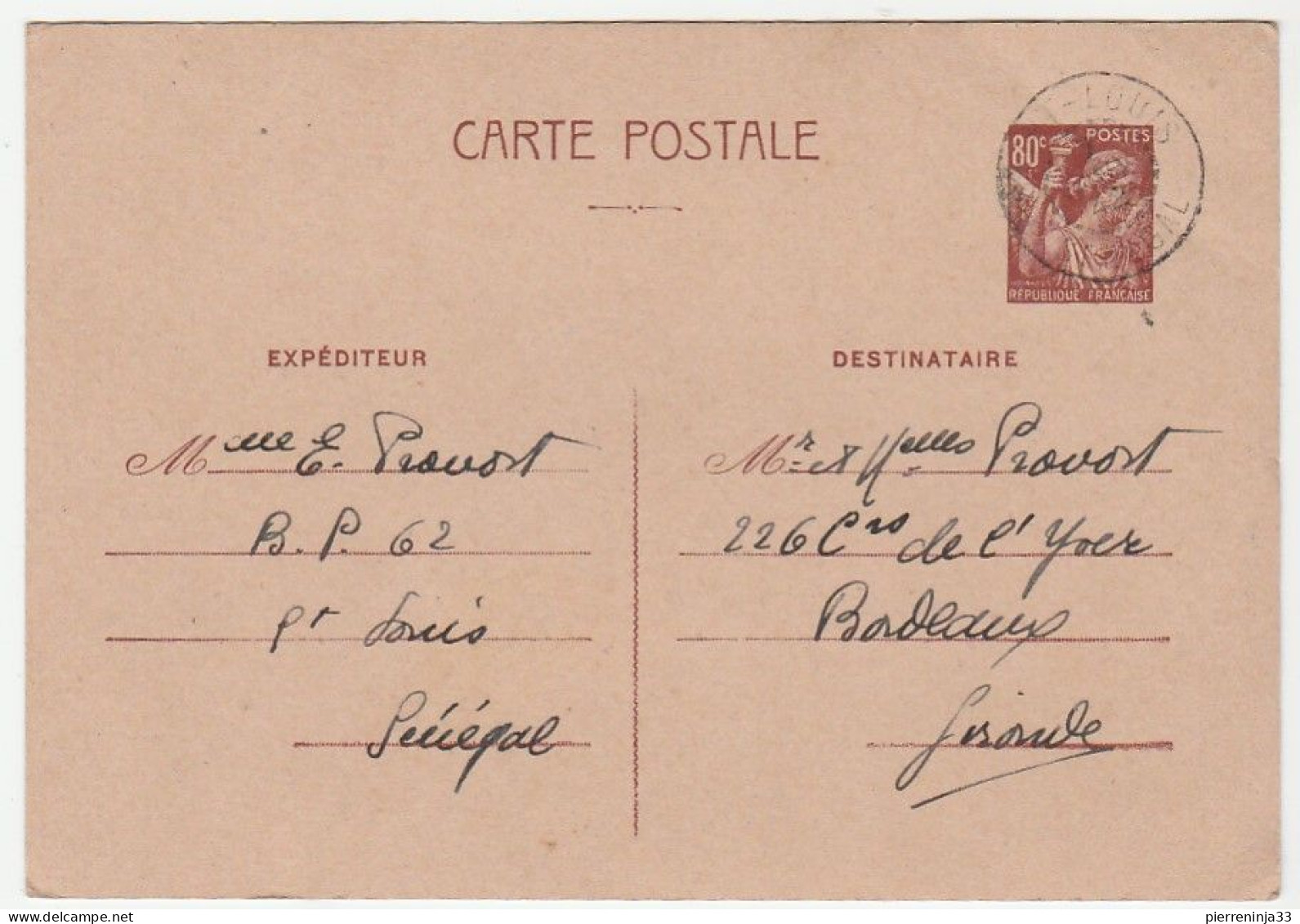 Carte Entier Postal Type Iris  Saint Louis Sénégal Pour Bordeaux, 1942 - Standard Postcards & Stamped On Demand (before 1995)