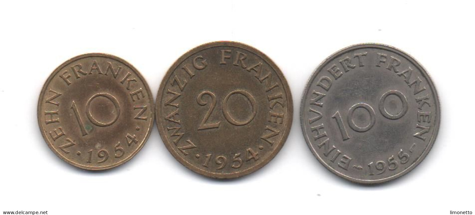 FRANCE-  SARRE -  1954/1955 - Lot De 3 Pièces - ( 10 - 20 Et 100 Francs )  Bon état - Altri & Non Classificati