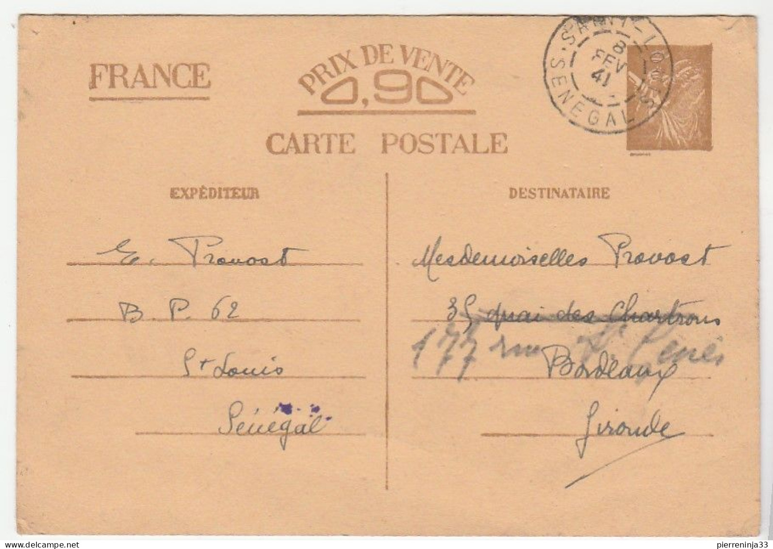 Carte Entier Postal Type Iris  Saint Louis Sénégal Pour Bordeaux, 1941 - Cartes Postales Types Et TSC (avant 1995)