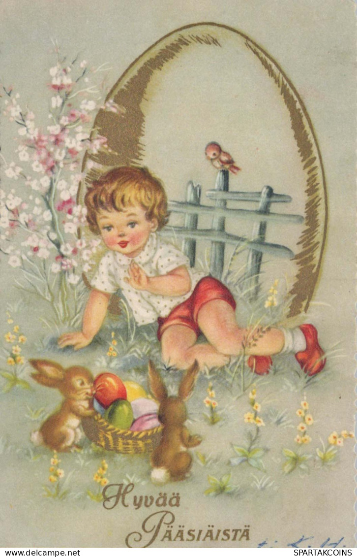 PASQUA BAMBINO CONIGLIO UOVO Vintage Cartolina CPA #PKE333.A - Easter