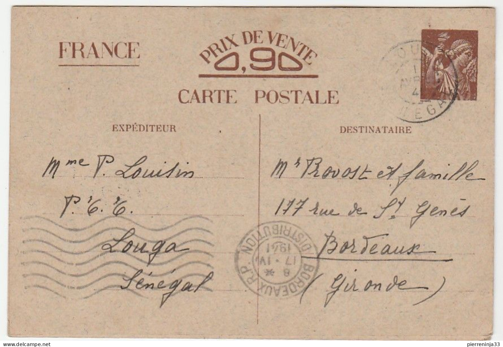 Carte Entier Postal Type Iris De Louga / Sénégal Pour Bordeaux, 1941 - Cartes Postales Types Et TSC (avant 1995)