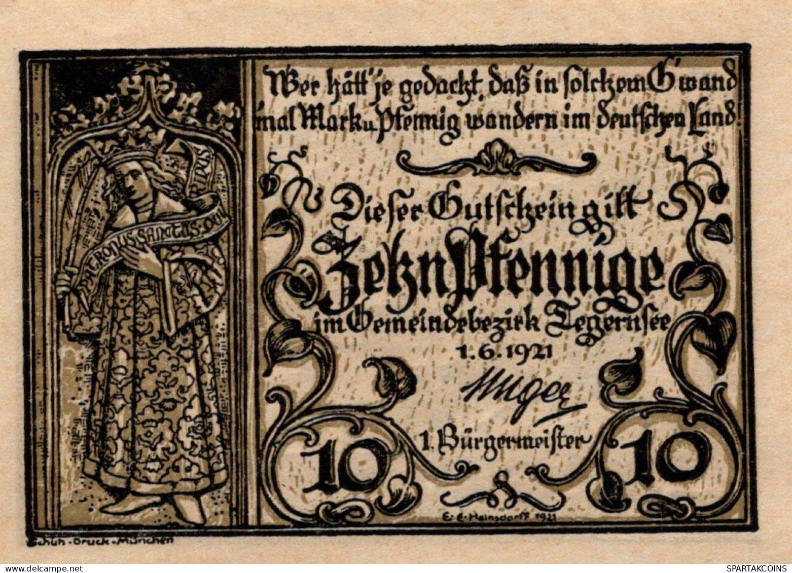 10 PFENNIG 1921 Stadt TEGERNSEE Bavaria DEUTSCHLAND Notgeld Banknote #PG295 - [11] Local Banknote Issues