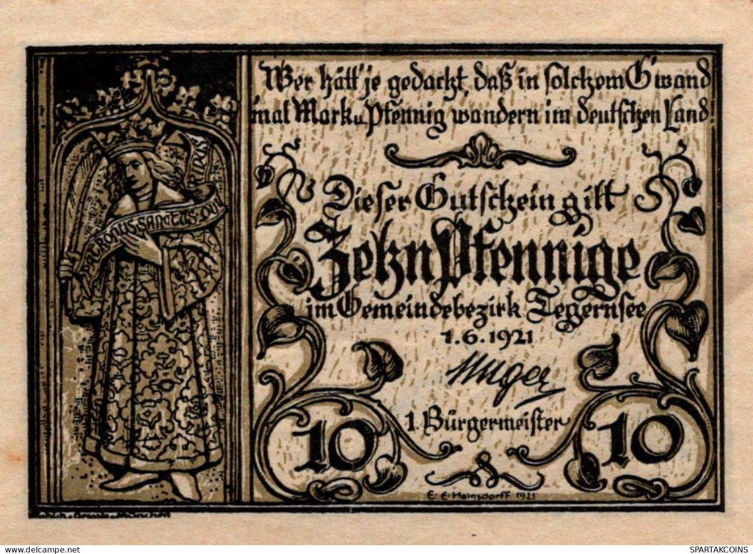 10 PFENNIG 1921 Stadt TEGERNSEE Bavaria UNC DEUTSCHLAND Notgeld Banknote #PH339 - [11] Local Banknote Issues