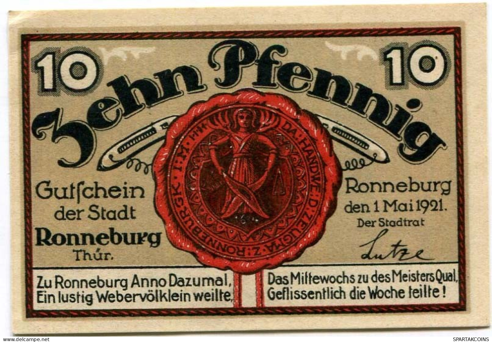 10 PFENNIG 1921 Stadt RONNEBURG Thuringia DEUTSCHLAND Notgeld Papiergeld Banknote #PL940 - [11] Local Banknote Issues