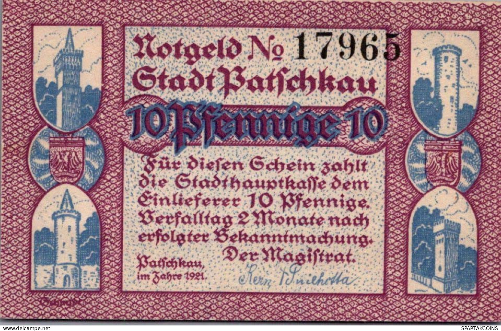 10 PFENNIG 1921 Stadt PATSCHKAU Oberen Silesia UNC DEUTSCHLAND Notgeld #PB502 - [11] Local Banknote Issues