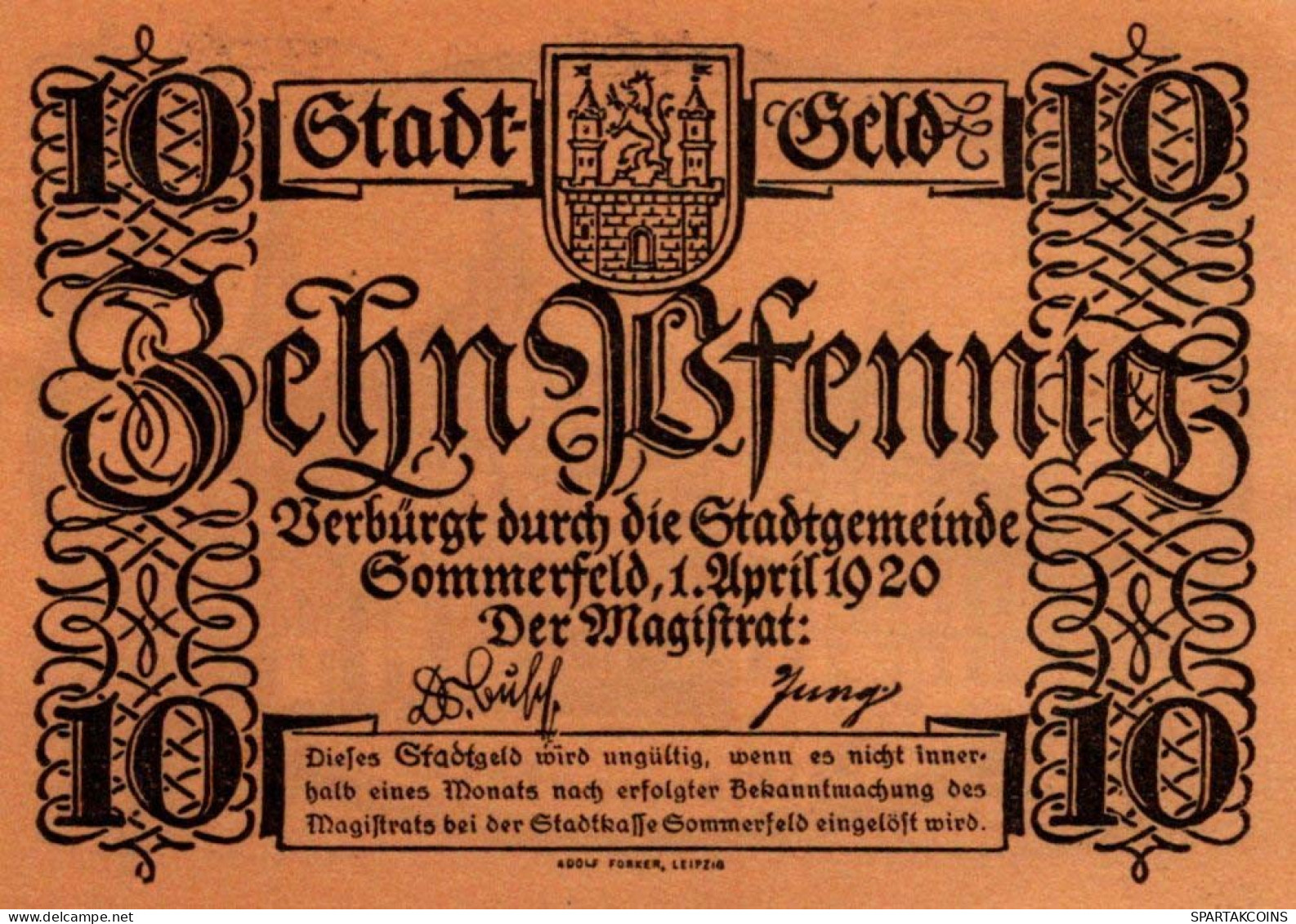 10 PFENNIG 1920 Stadt SOMMERFELD Brandenburg UNC DEUTSCHLAND Notgeld #PI588 - [11] Emissions Locales