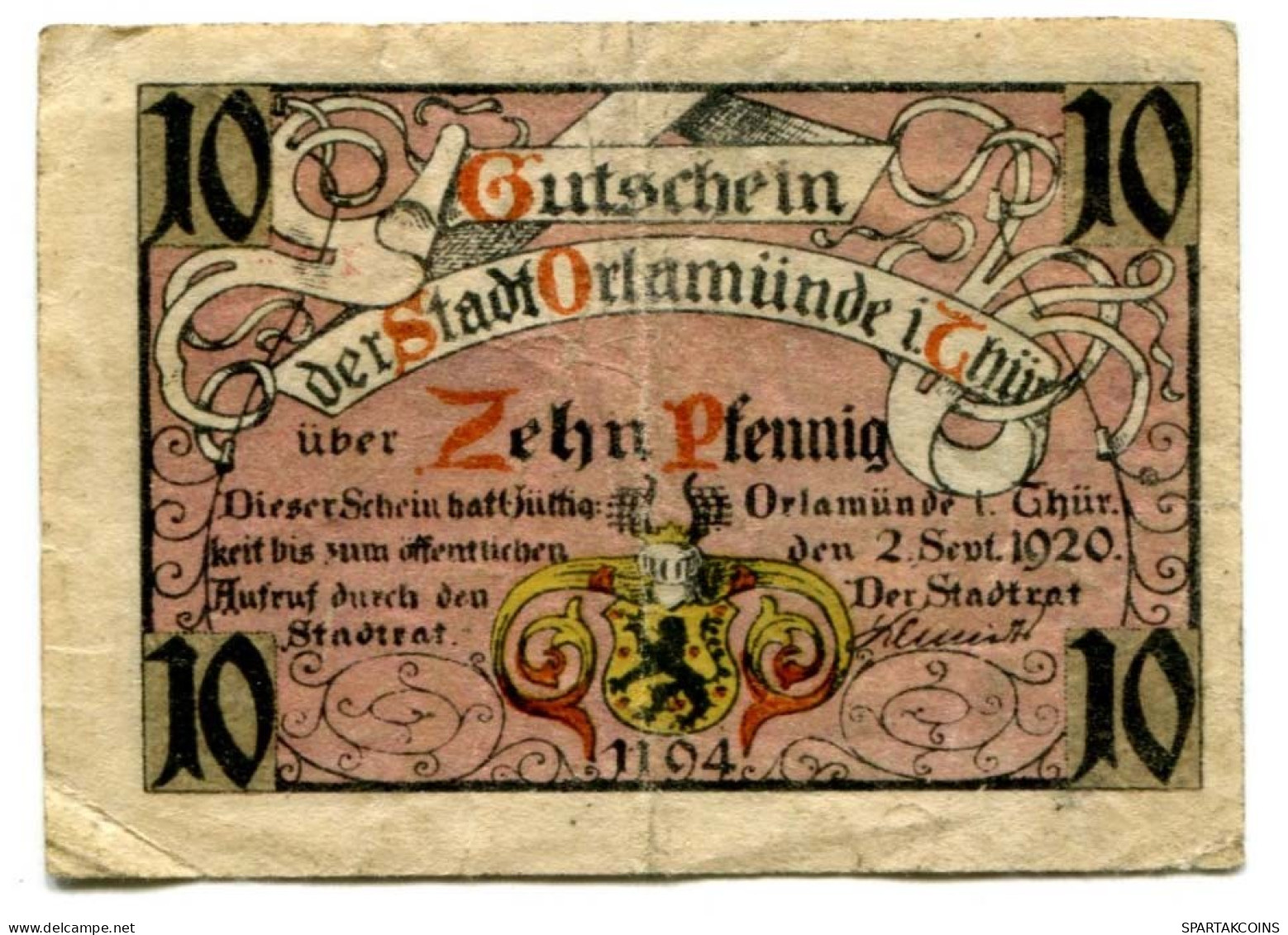 10 PFENNIG 1920 Stadt ORLAMÜNDE Thuringia DEUTSCHLAND Notgeld Papiergeld Banknote #PL689 - [11] Emissions Locales