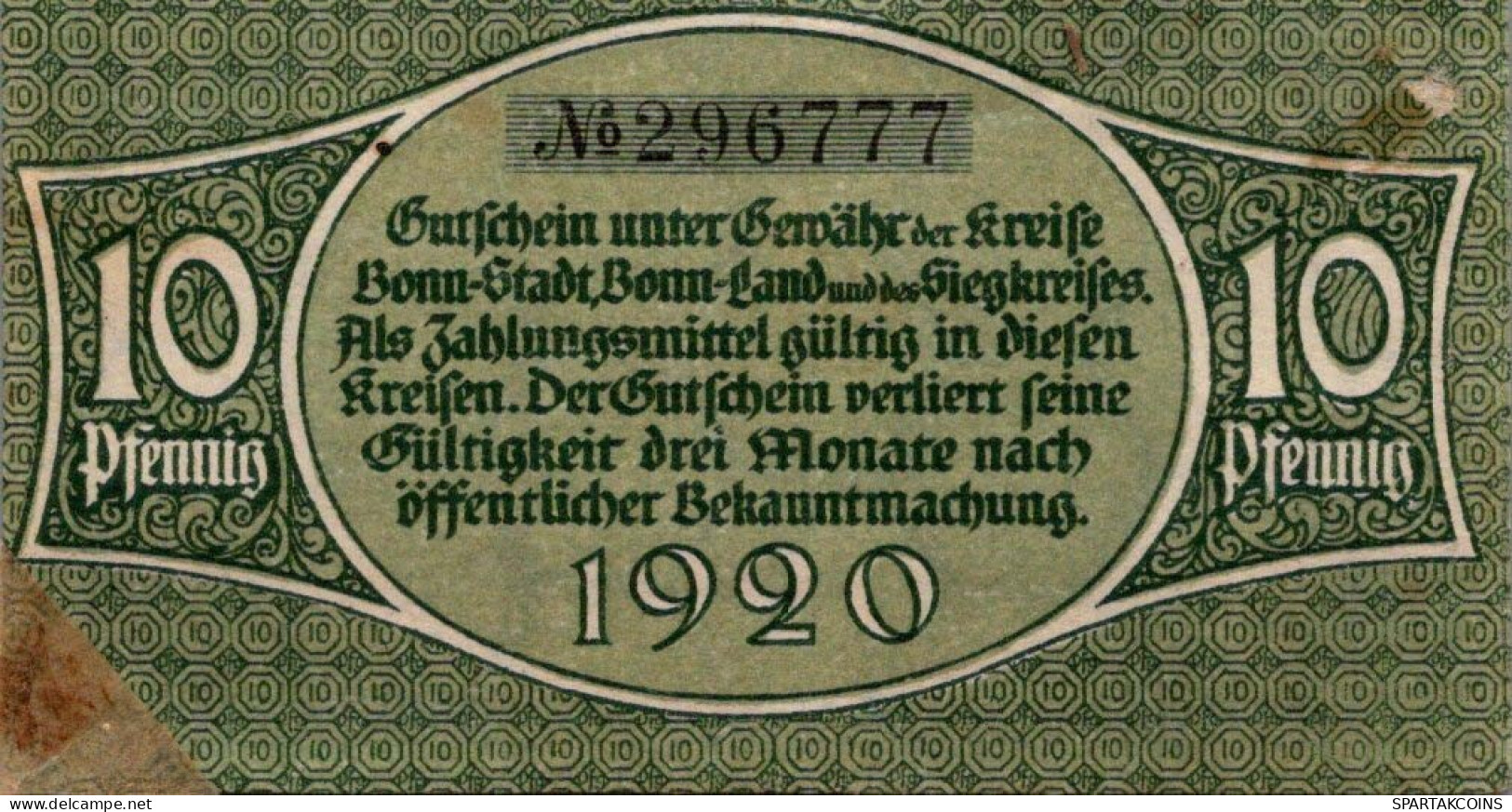 10 PFENNIG 1920 Stadt BONN AND SIEGKREIS Rhine DEUTSCHLAND Notgeld #PI427 - [11] Lokale Uitgaven