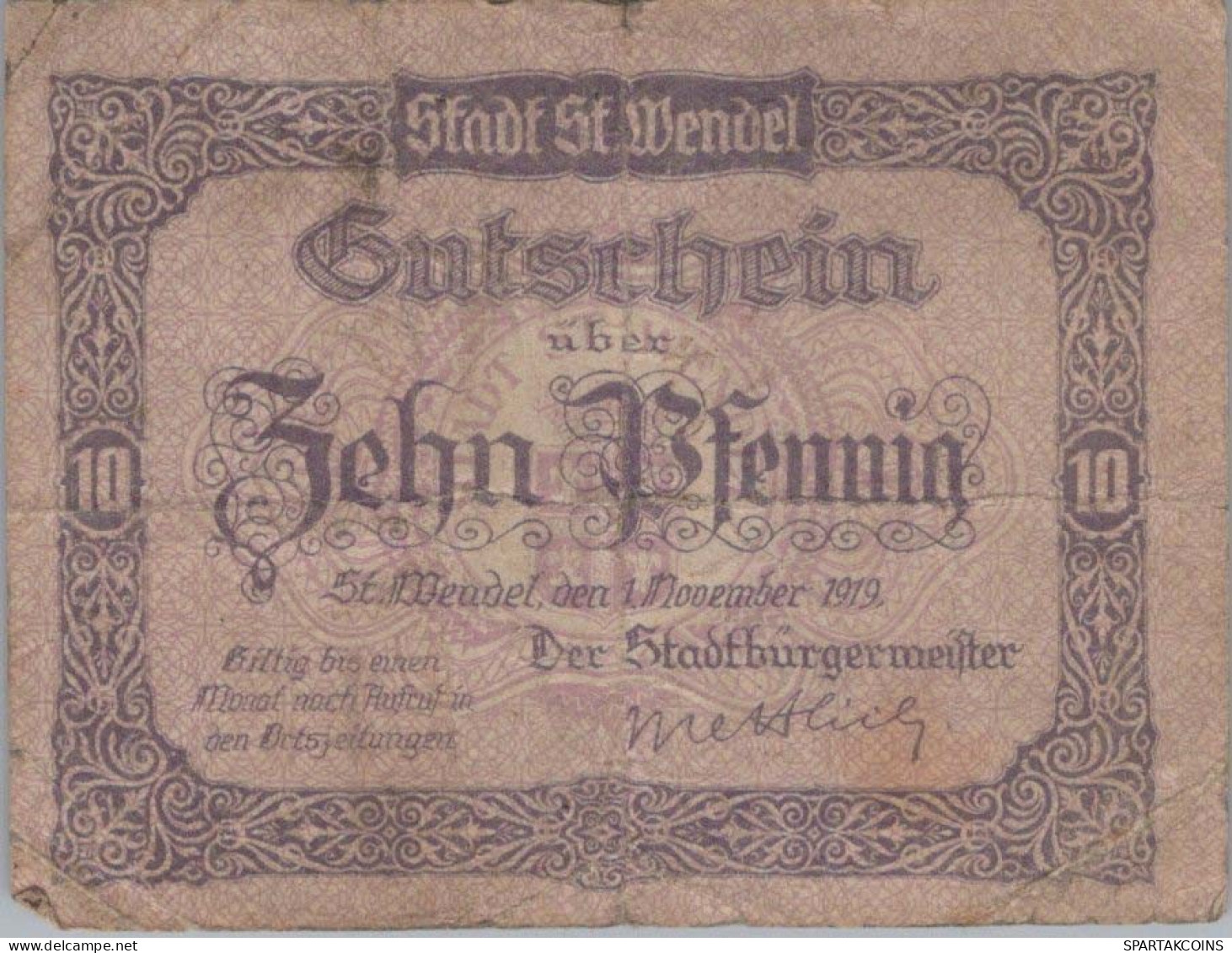 10 PFENNIG 1919 Stadt Sankt Wendel Rhine DEUTSCHLAND Notgeld Banknote #PI214 - [11] Lokale Uitgaven