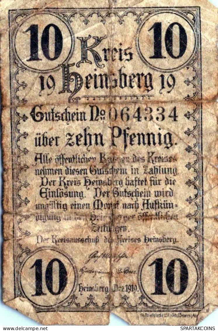 10 PFENNIG 1919 Stadt HEINSBERG Rhine DEUTSCHLAND Notgeld Banknote #PG425 - [11] Lokale Uitgaven