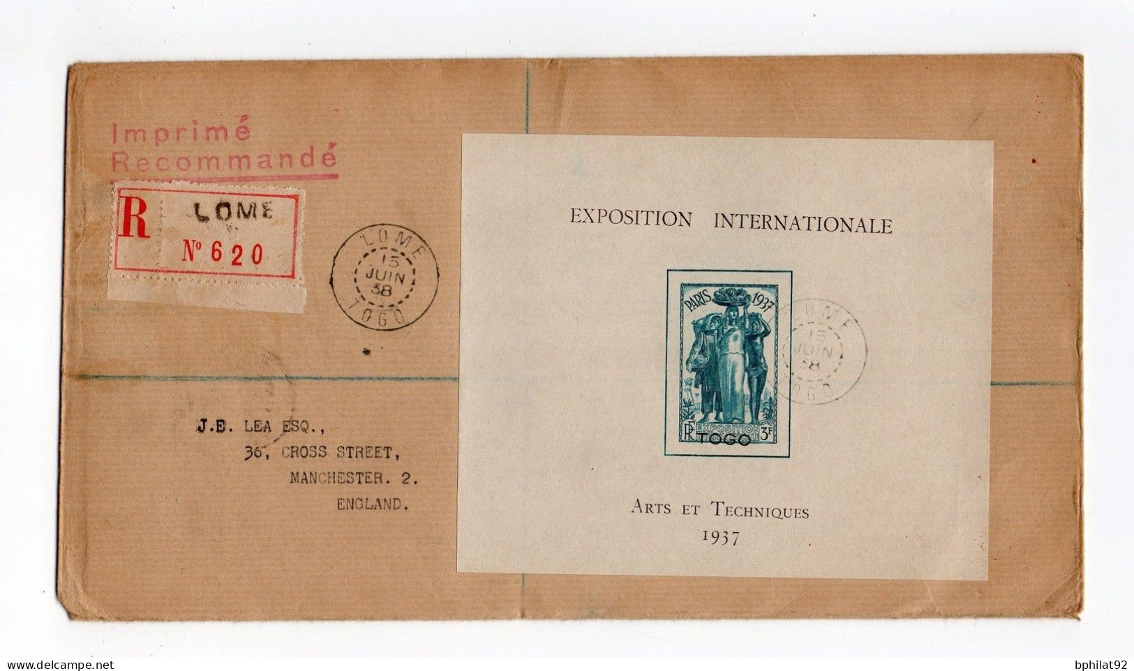 !!! LETTRE RECO DE LOME TARIF IMPRIME, AFFRANCHIE BLOC FEUILLET EXPOSITION 1937 - Covers & Documents