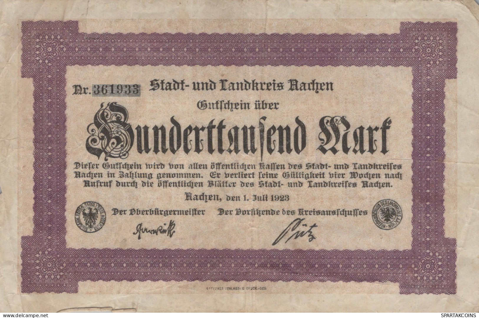 100000 MARK 1923 Stadt AACHEN Rhine DEUTSCHLAND Papiergeld Banknote #PK982 - [11] Lokale Uitgaven