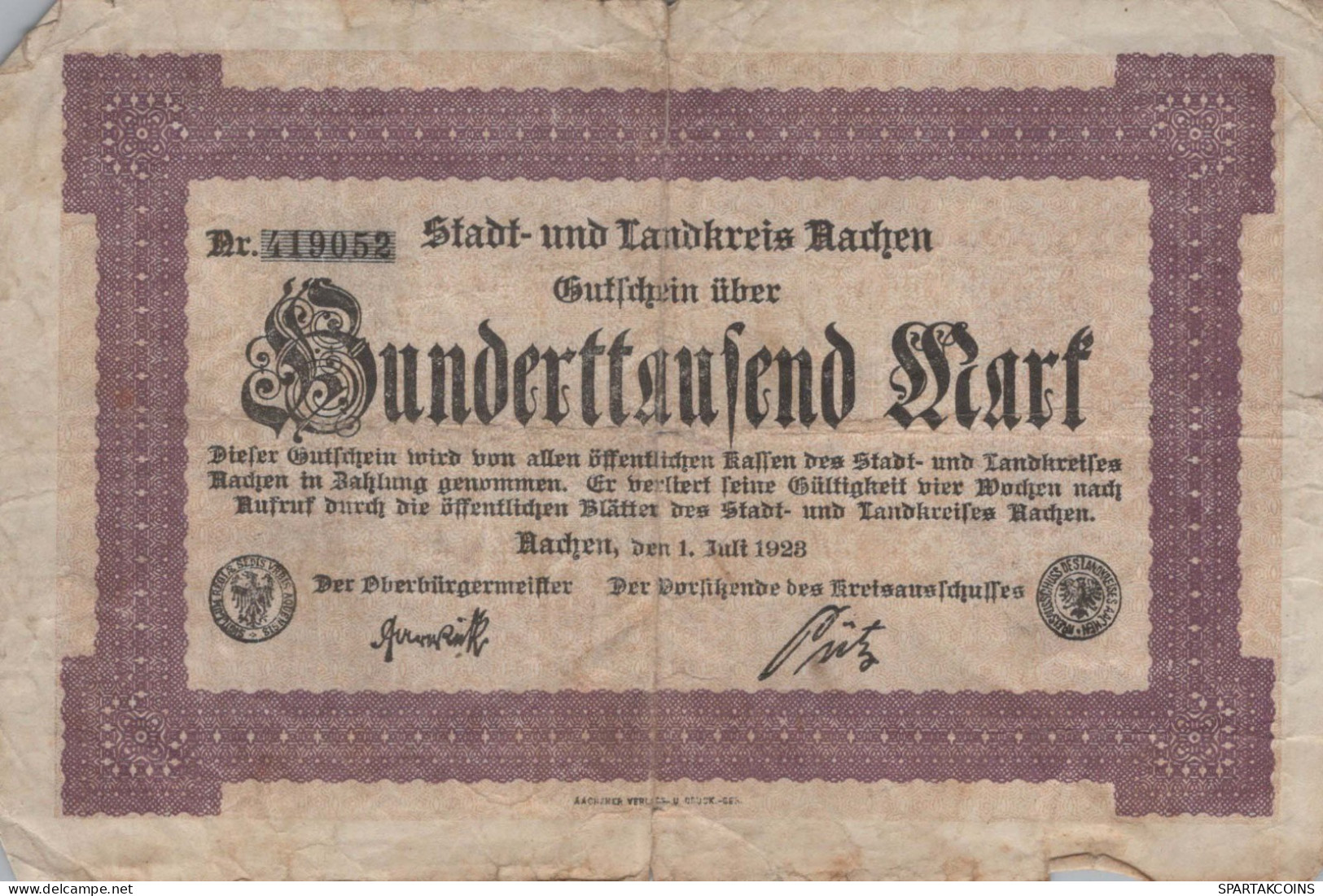 100000 MARK 1923 Stadt AACHEN Rhine DEUTSCHLAND Papiergeld Banknote #PK966 - Lokale Ausgaben