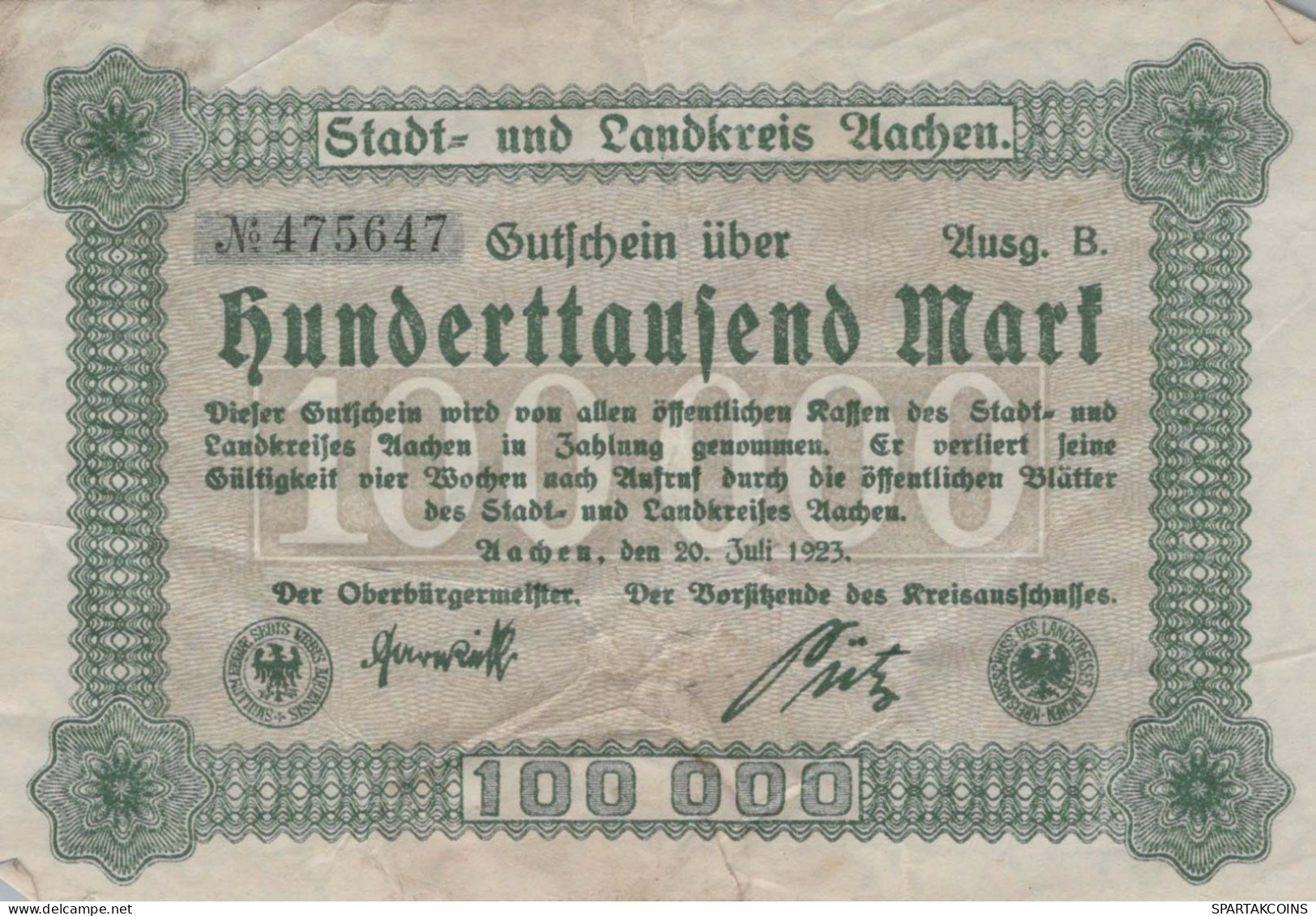 100000 MARK 1923 Stadt AACHEN Rhine DEUTSCHLAND Papiergeld Banknote #PK942 - [11] Lokale Uitgaven