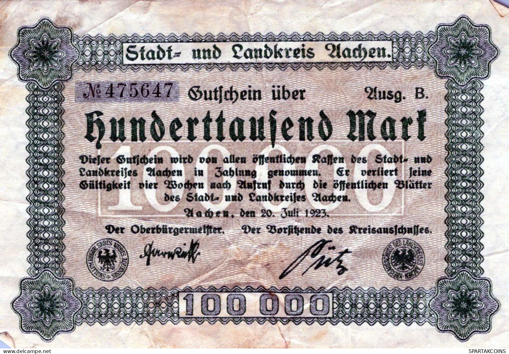 100000 MARK 1923 Stadt AACHEN Rhine DEUTSCHLAND Papiergeld Banknote #PK942 - [11] Lokale Uitgaven