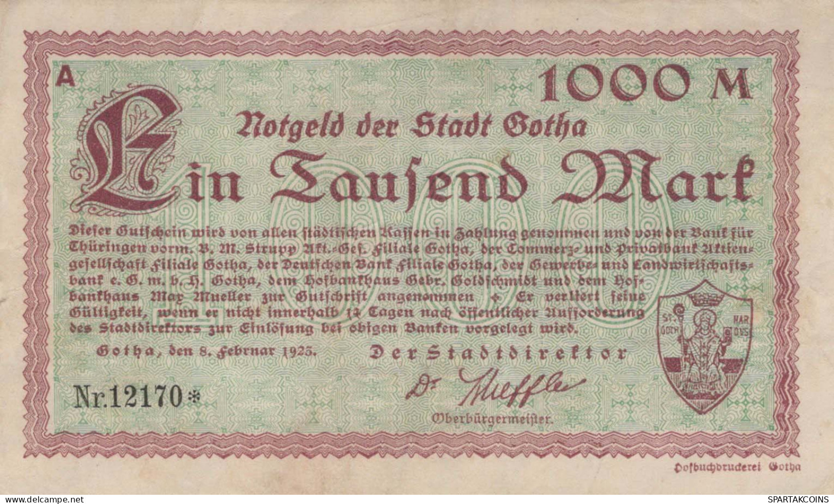 1000 MARK 1925 Stadt GOTHA Thuringia DEUTSCHLAND Notgeld Papiergeld Banknote #PK939 - [11] Emisiones Locales