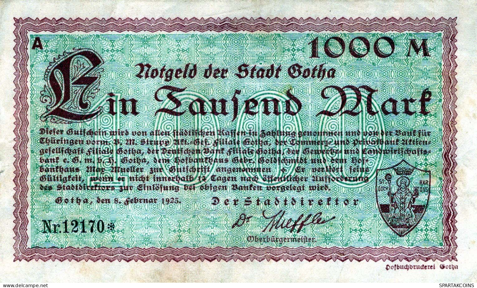 1000 MARK 1925 Stadt GOTHA Thuringia DEUTSCHLAND Notgeld Papiergeld Banknote #PK939 - [11] Local Banknote Issues