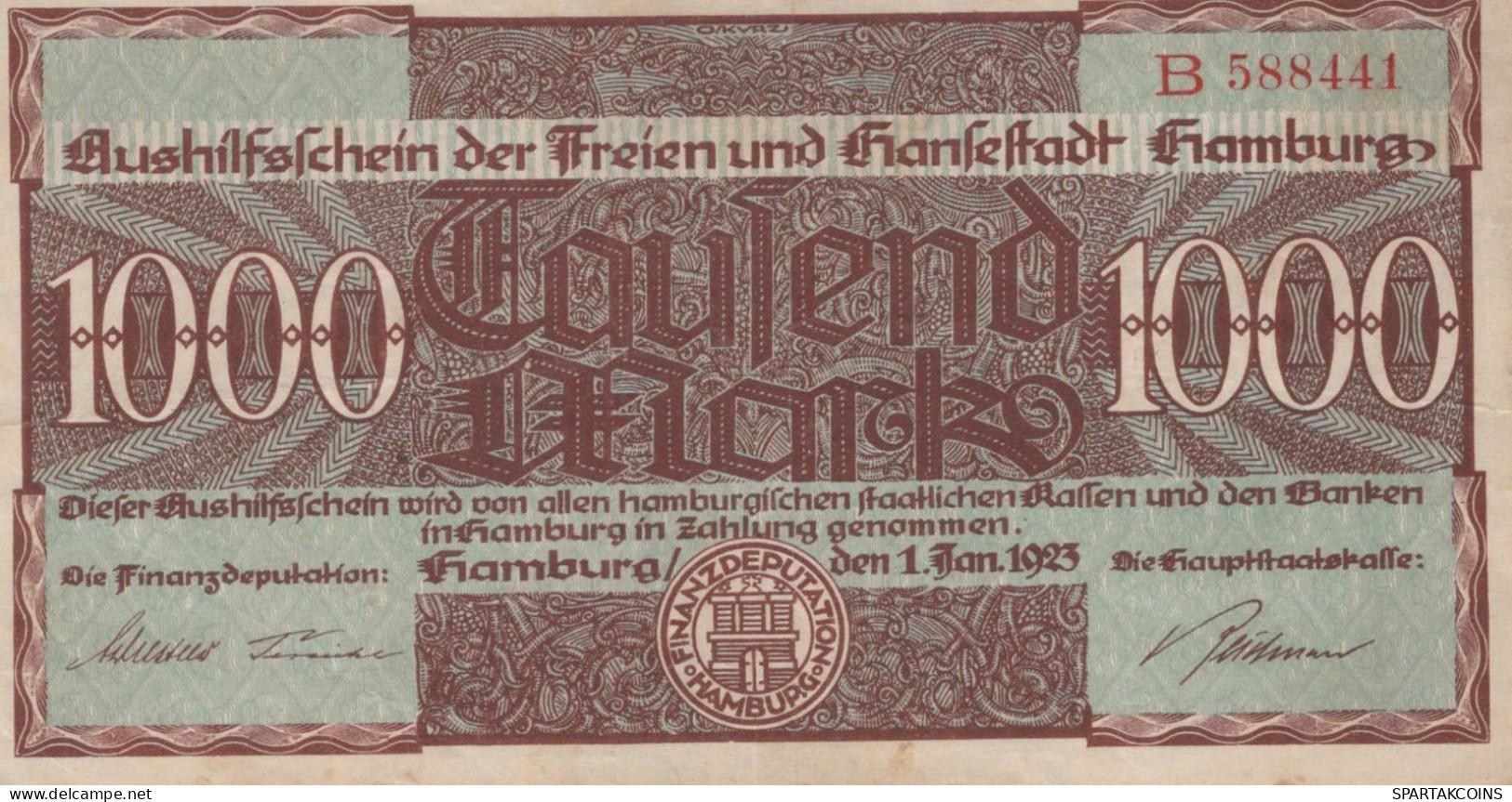 1000 MARK 1923 Stadt HAMBURG Hamburg DEUTSCHLAND Papiergeld Banknote #PL252 - [11] Local Banknote Issues