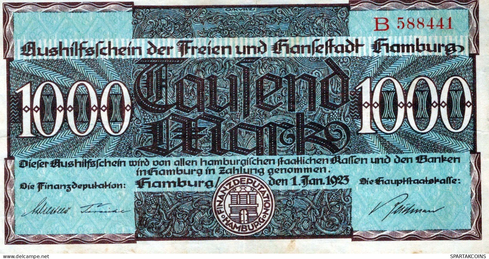 1000 MARK 1923 Stadt HAMBURG Hamburg DEUTSCHLAND Papiergeld Banknote #PL252 - [11] Local Banknote Issues