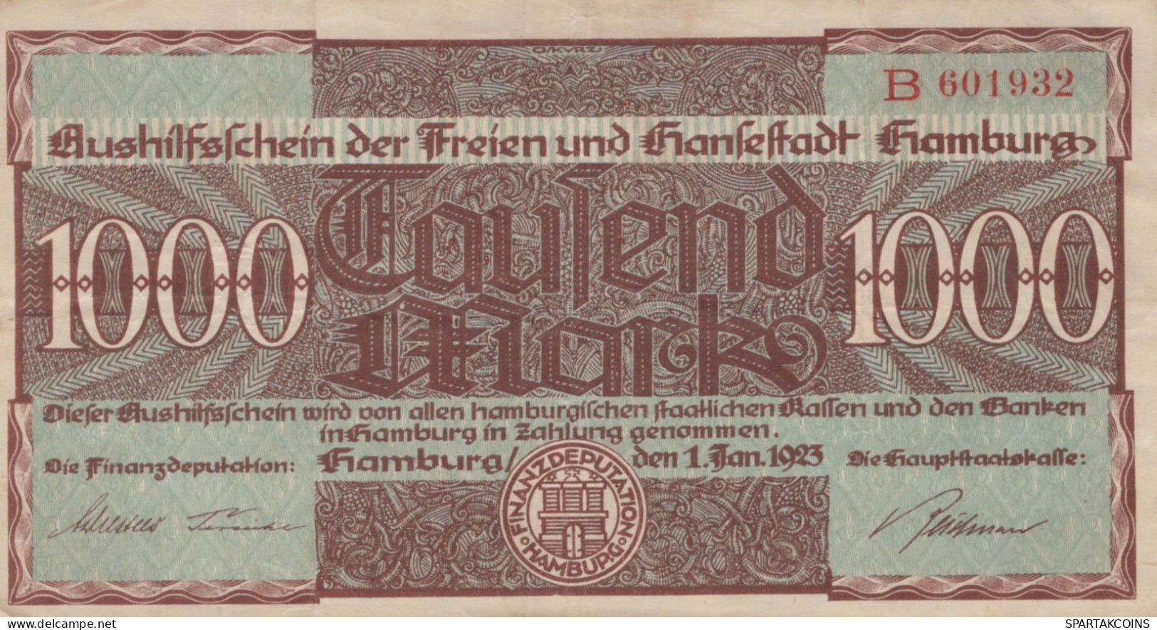 1000 MARK 1923 Stadt HAMBURG Hamburg DEUTSCHLAND Papiergeld Banknote #PL253 - [11] Local Banknote Issues