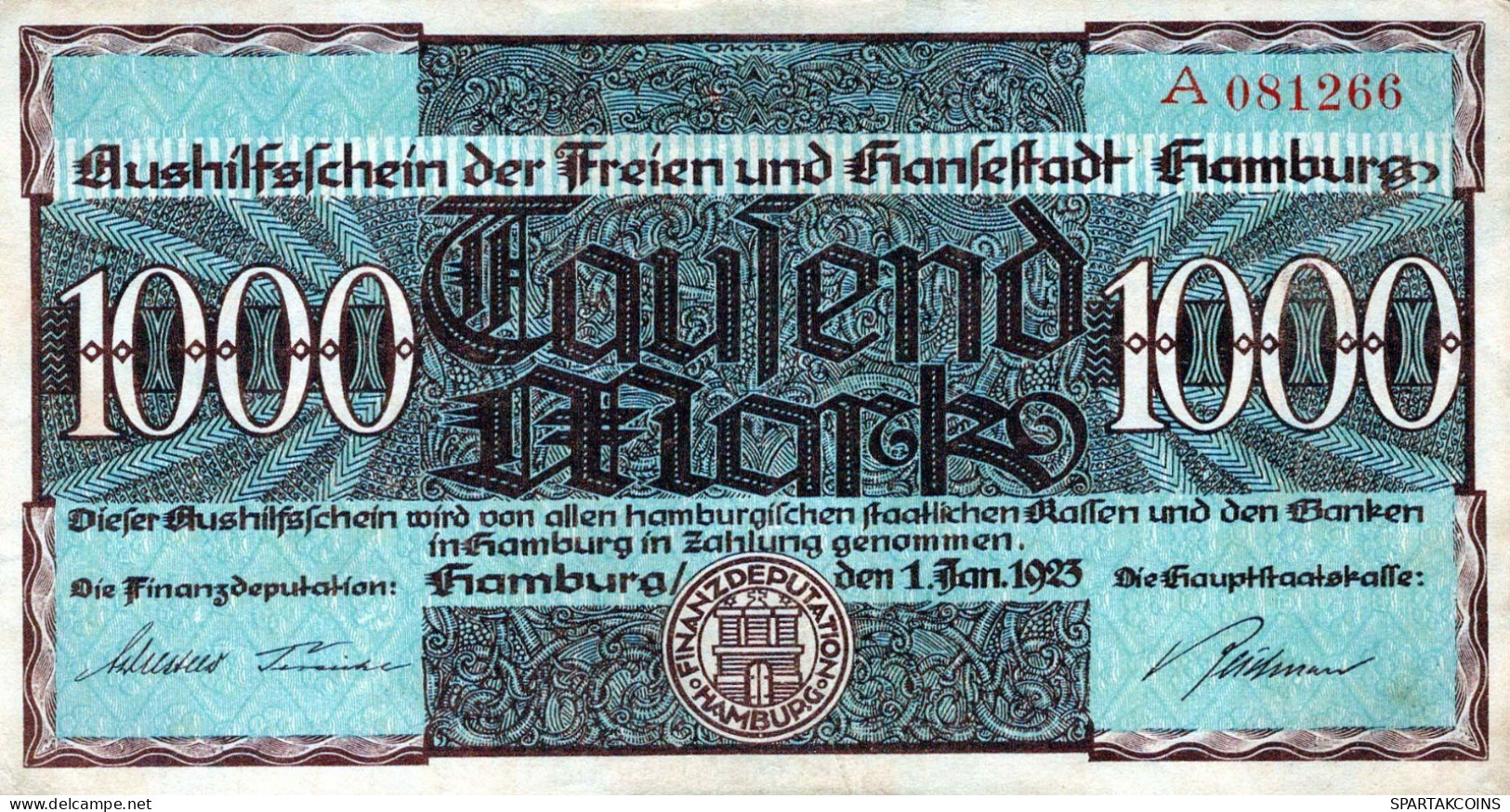 1000 MARK 1923 Stadt HAMBURG Hamburg DEUTSCHLAND Papiergeld Banknote #PL255 - [11] Emisiones Locales