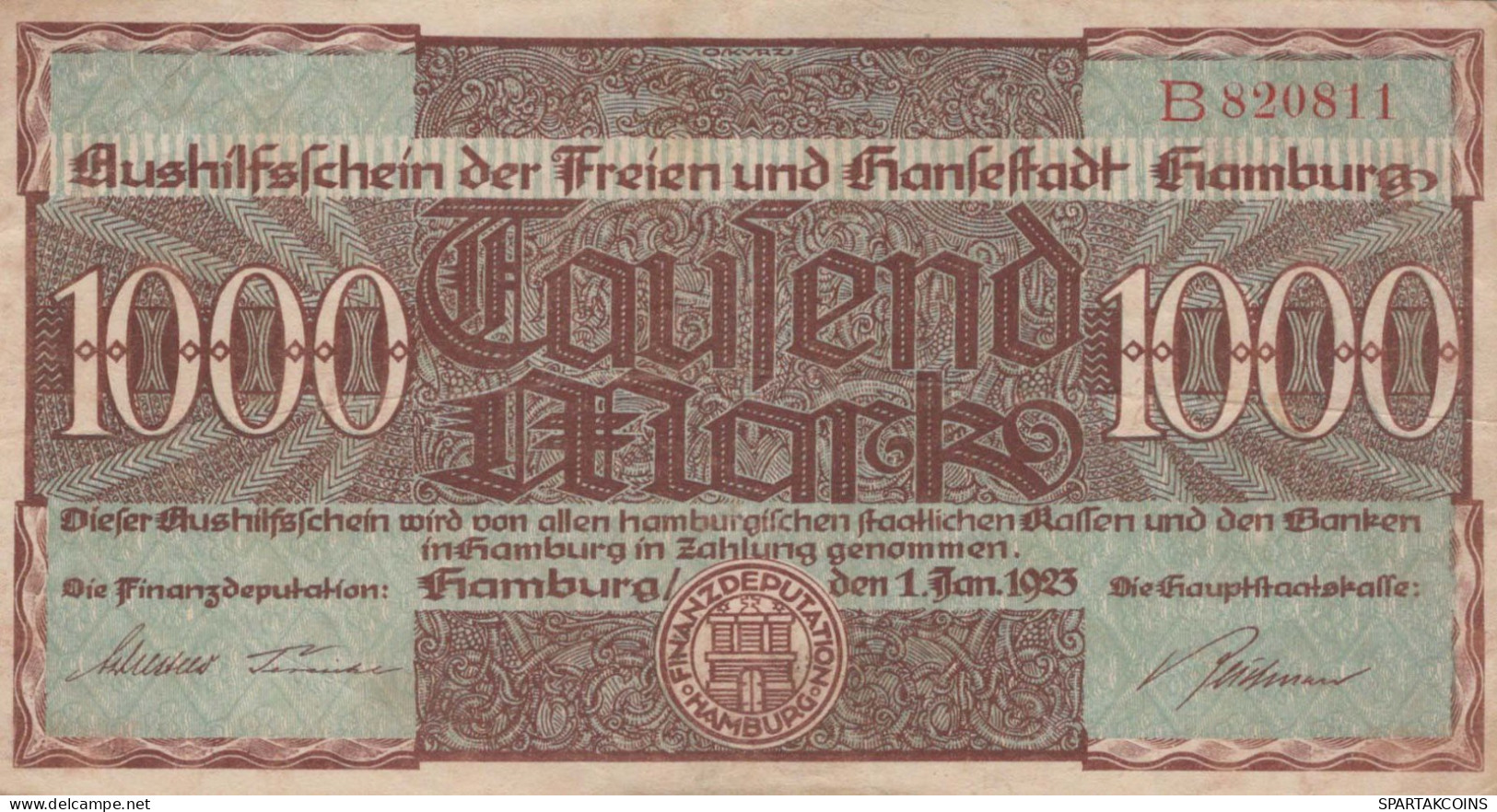 1000 MARK 1923 Stadt HAMBURG Hamburg DEUTSCHLAND Papiergeld Banknote #PL251 - [11] Local Banknote Issues