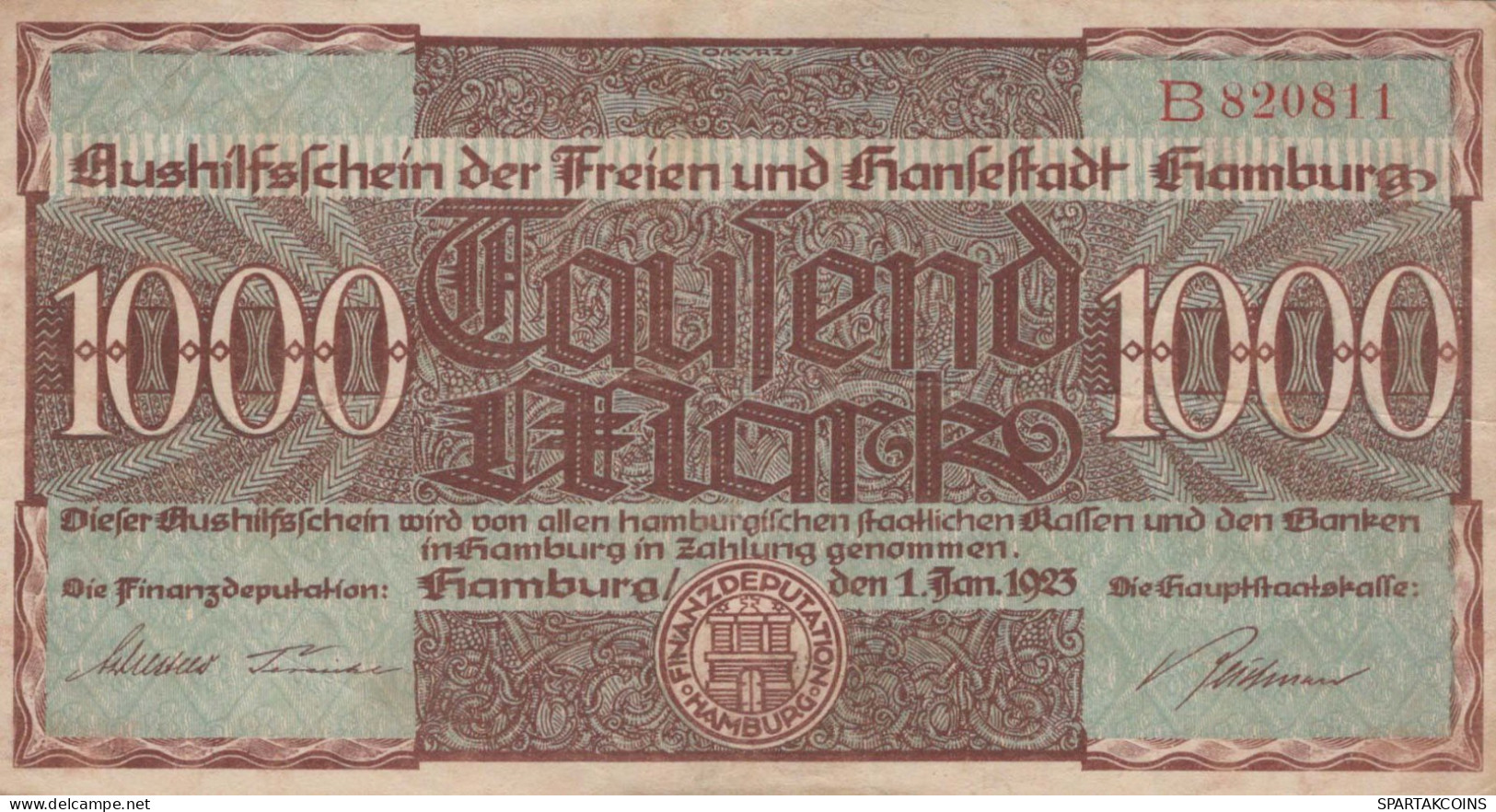 1000 MARK 1923 Stadt HAMBURG Hamburg DEUTSCHLAND Papiergeld Banknote #PL251 - [11] Emisiones Locales