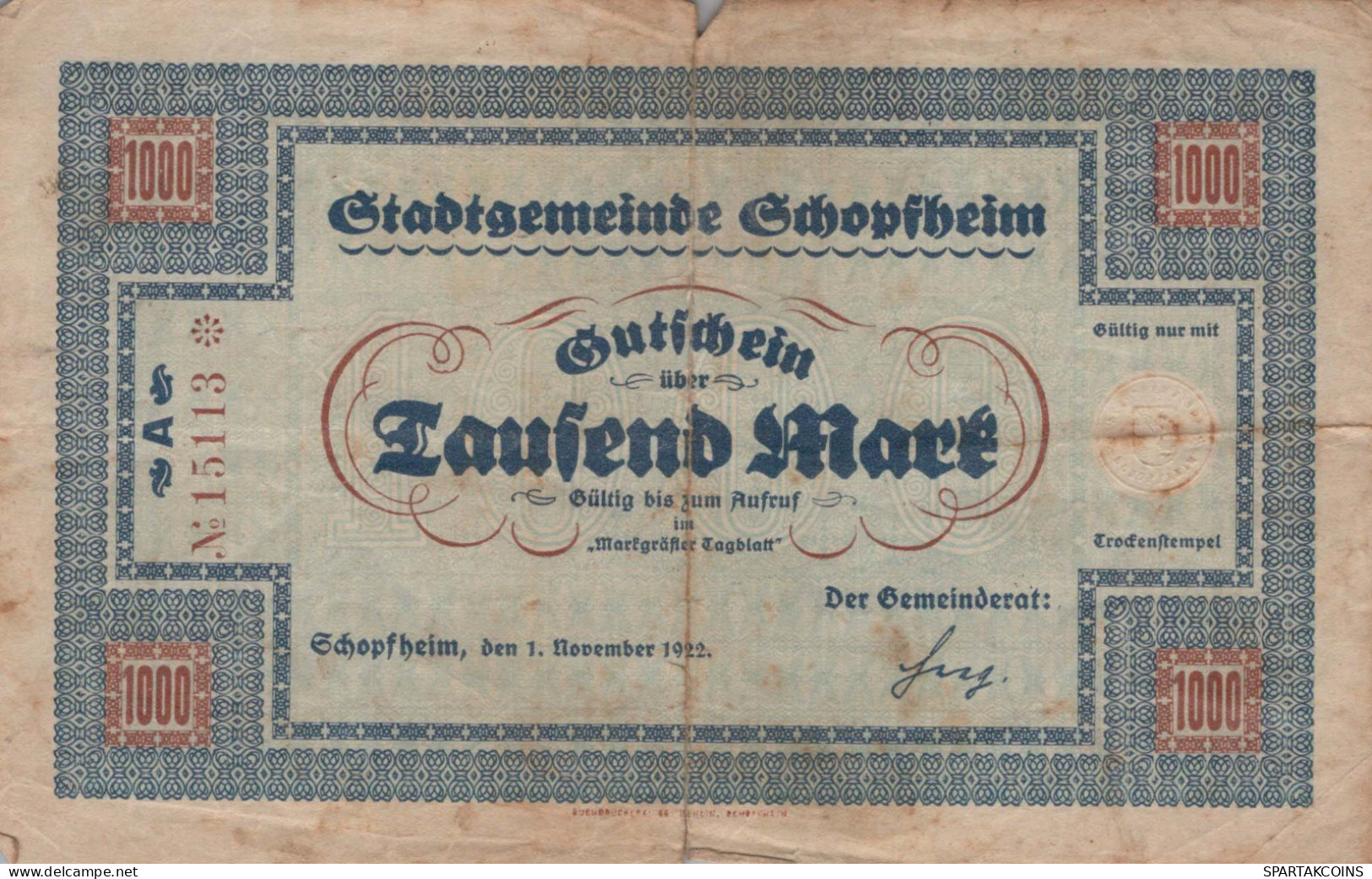 1000 MARK 1922 Stadt SCHOPFHEIM Baden DEUTSCHLAND Notgeld Papiergeld Banknote #PK948 - [11] Local Banknote Issues