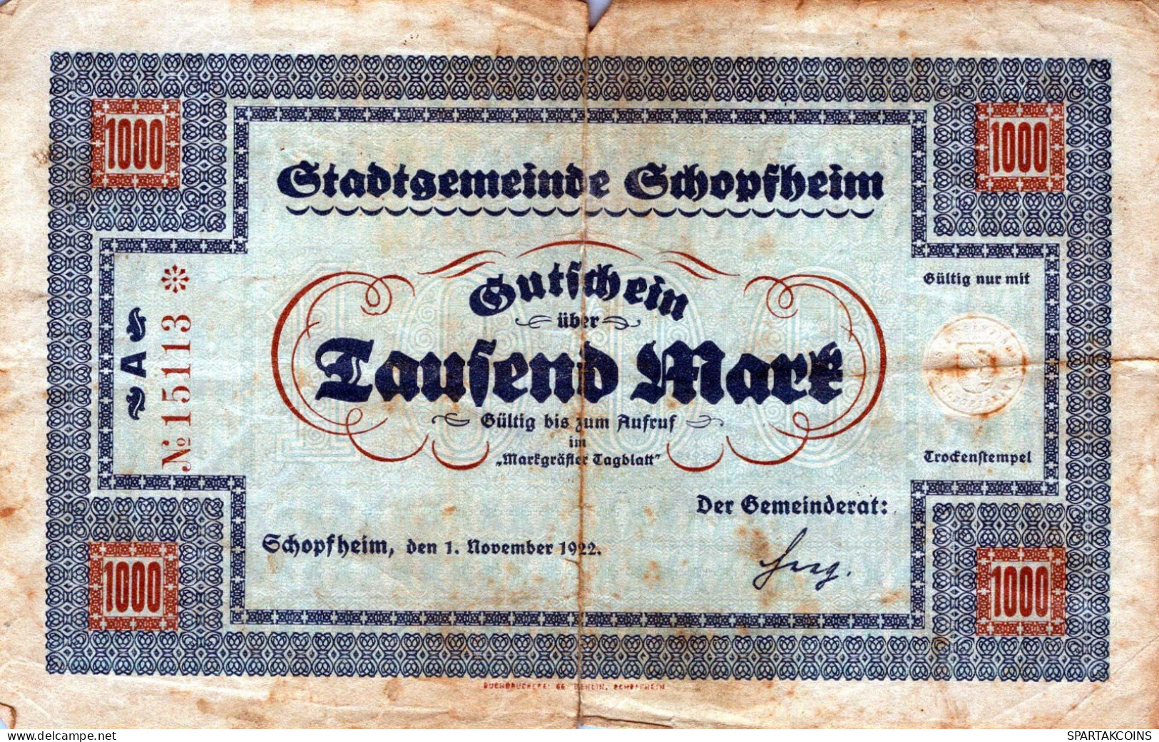 1000 MARK 1922 Stadt SCHOPFHEIM Baden DEUTSCHLAND Notgeld Papiergeld Banknote #PK948 - [11] Local Banknote Issues