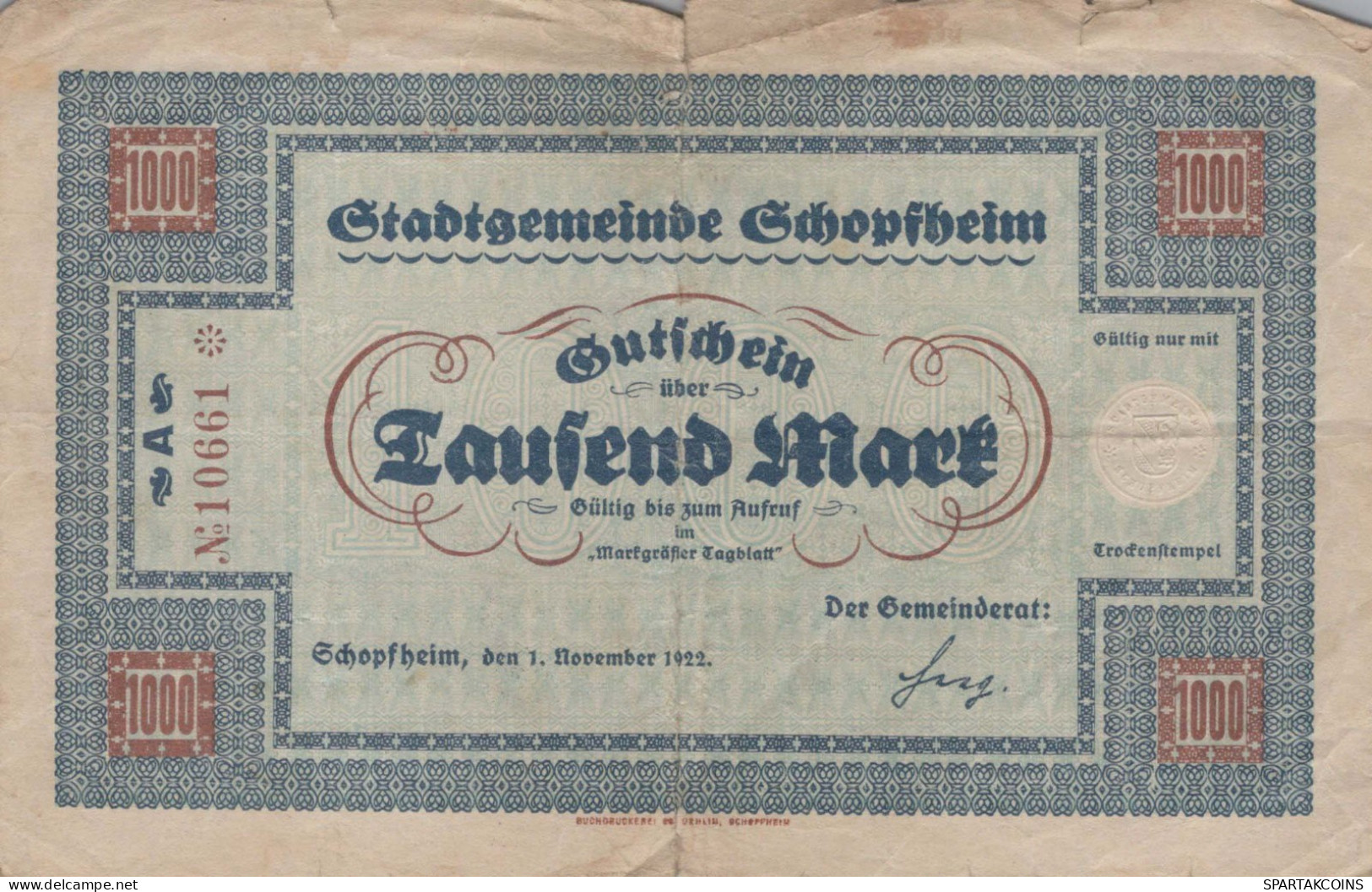 1000 MARK 1922 Stadt SCHOPFHEIM Baden DEUTSCHLAND Notgeld Papiergeld Banknote #PK960 - [11] Emissions Locales