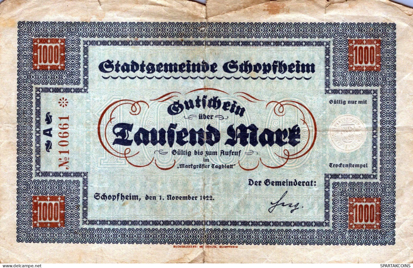 1000 MARK 1922 Stadt SCHOPFHEIM Baden DEUTSCHLAND Notgeld Papiergeld Banknote #PK960 - [11] Local Banknote Issues