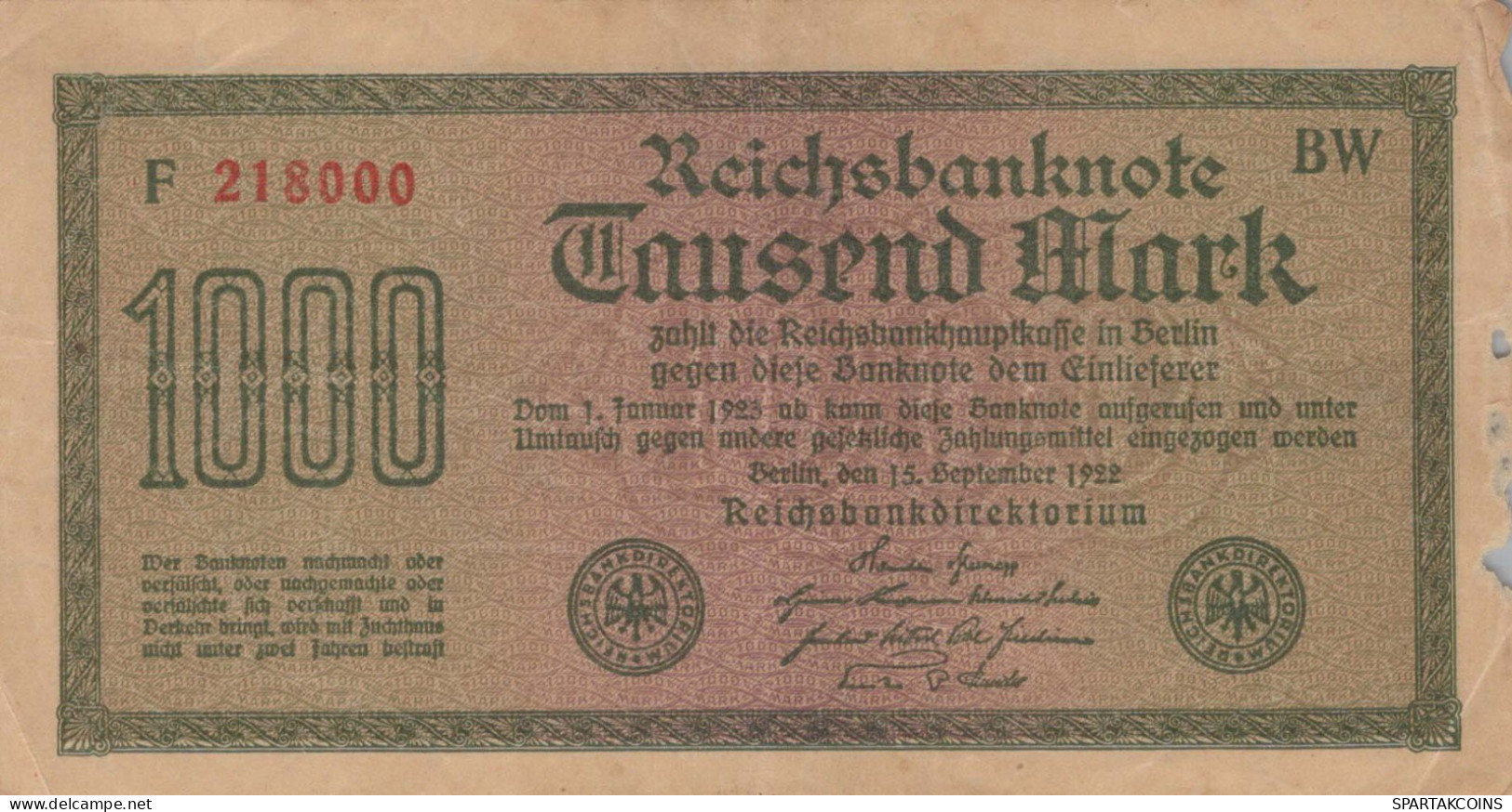 1000 MARK 1922 Stadt BERLIN DEUTSCHLAND Papiergeld Banknote #PL466 - [11] Local Banknote Issues