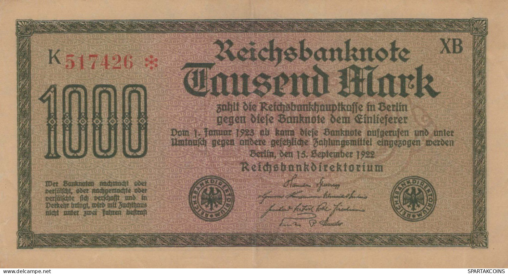 1000 MARK 1922 Stadt BERLIN DEUTSCHLAND Papiergeld Banknote #PL465 - Lokale Ausgaben