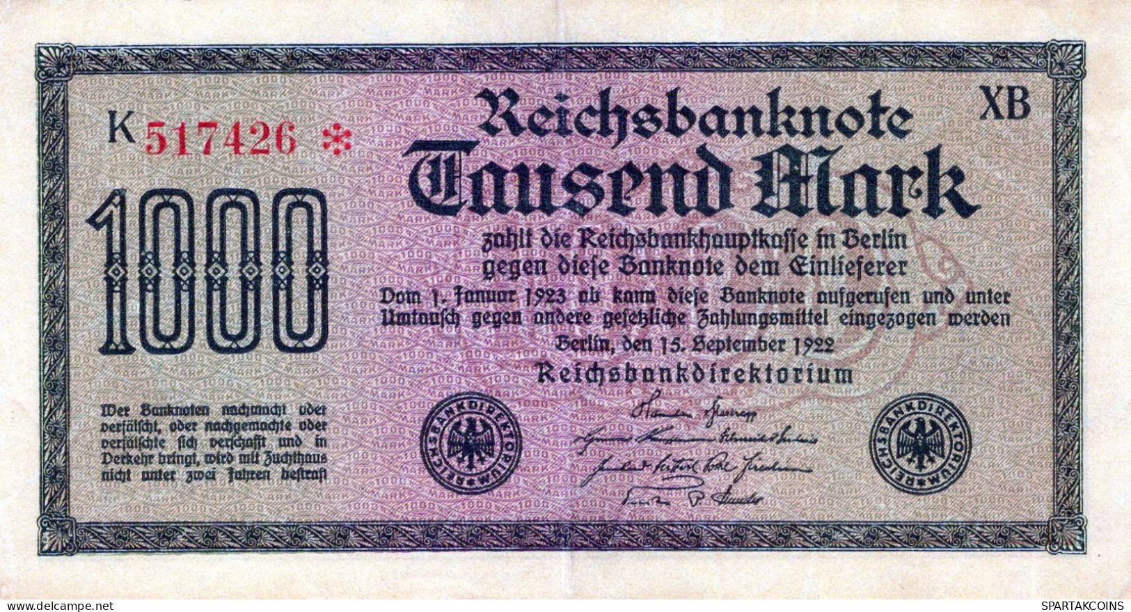 1000 MARK 1922 Stadt BERLIN DEUTSCHLAND Papiergeld Banknote #PL465 - Lokale Ausgaben